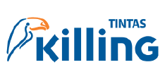 Logo da marca de tintas Killing, com um tucano estilizado ao lado do nome.