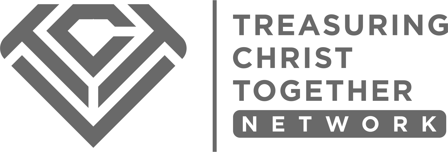 Logo with a stylized diamond shape on the left and the text 'Treasuring Christ Together Network' on the right.
