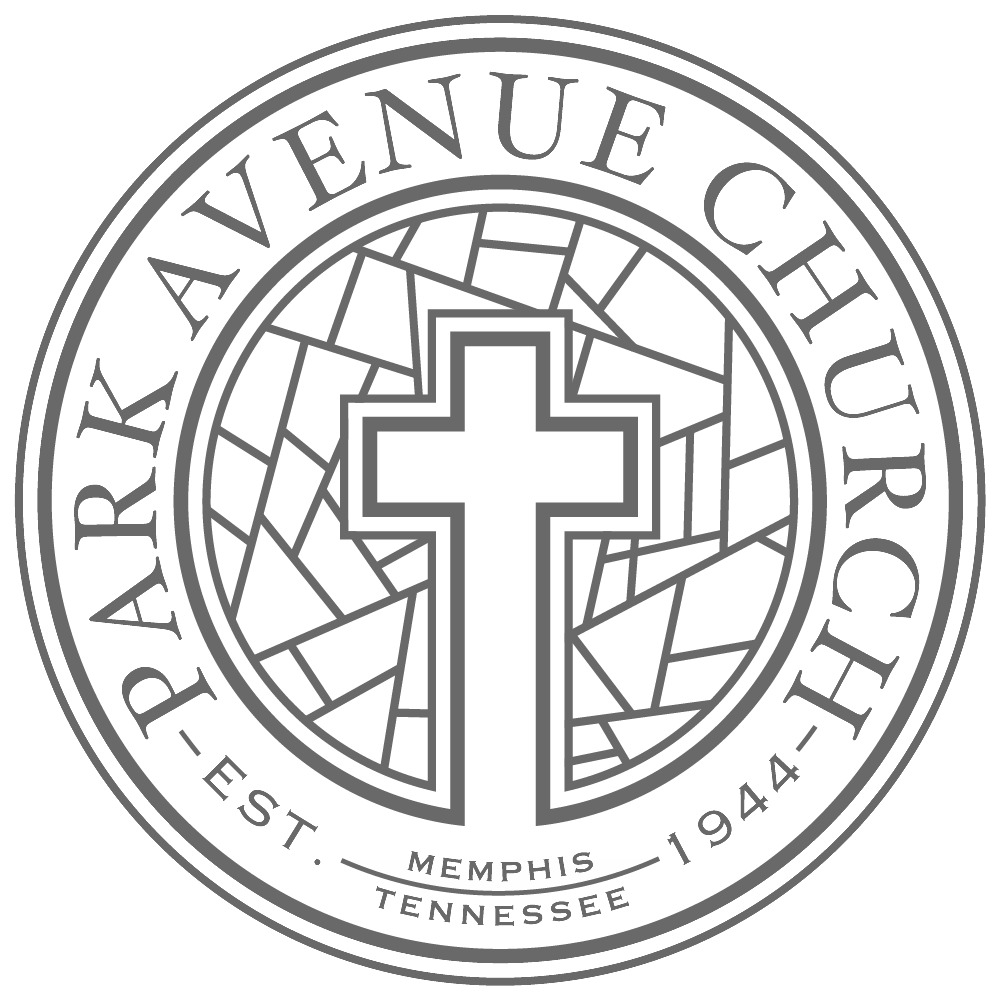 Stained glass design of the Park Avenue Church logo with a cross in the center, surrounded by the church's name, location, and founding year in Tennessee.