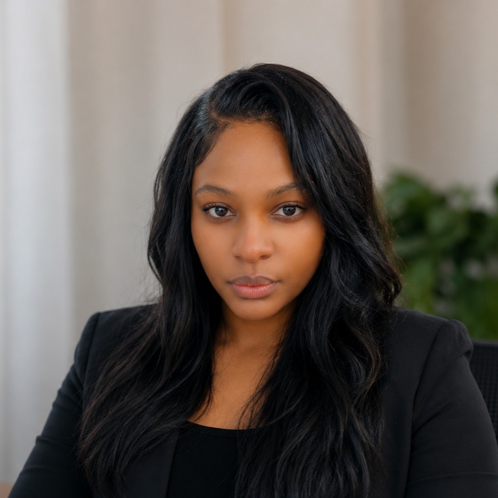 A young woman with long black hair, wearing a black blazer, looking at the camera with a serious expression. Behind her is a blurred background with a plant.