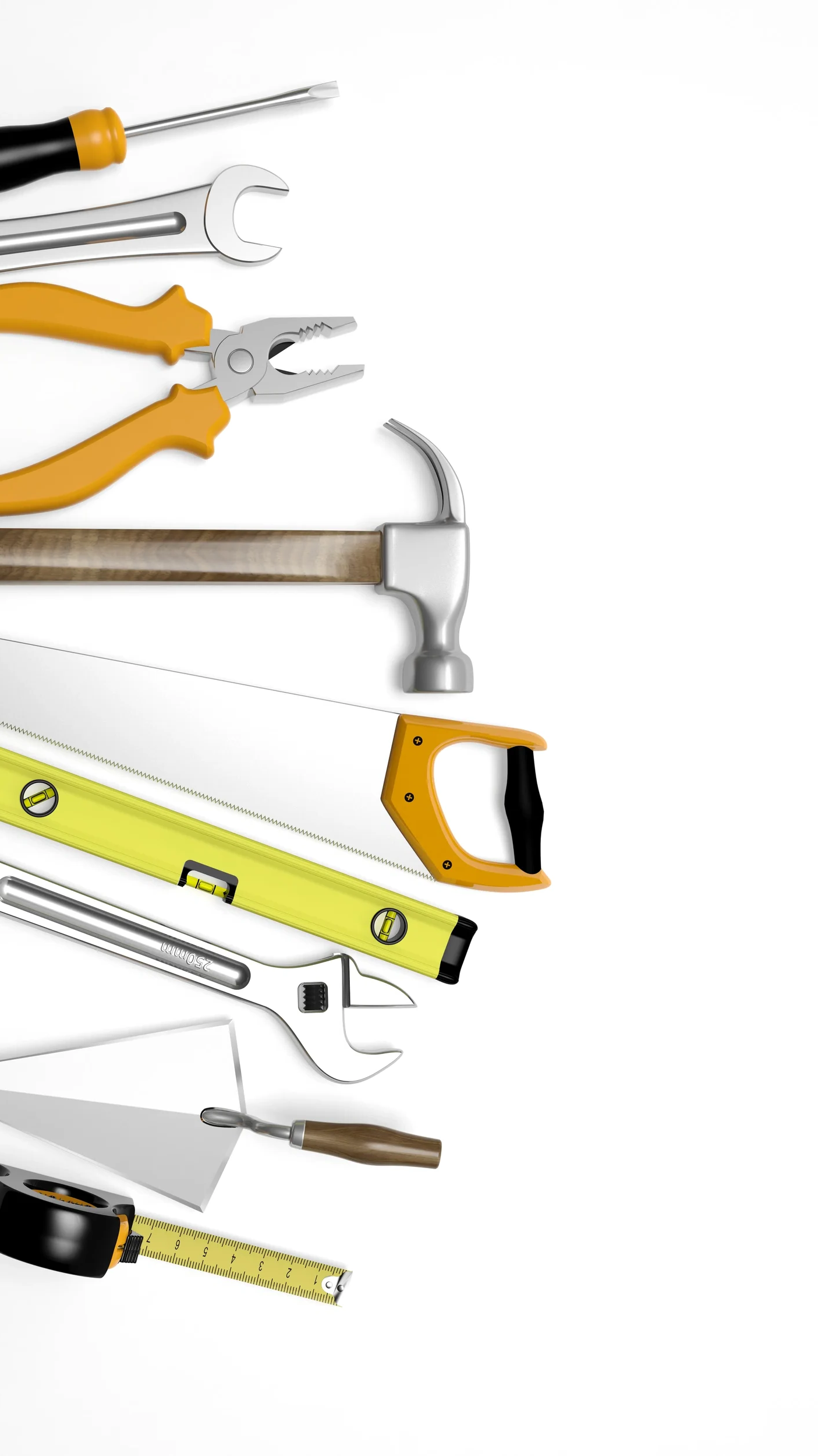 Collection of various hand tools including a screwdriver, wrench, pliers, hammer, saw, level, and utility knife