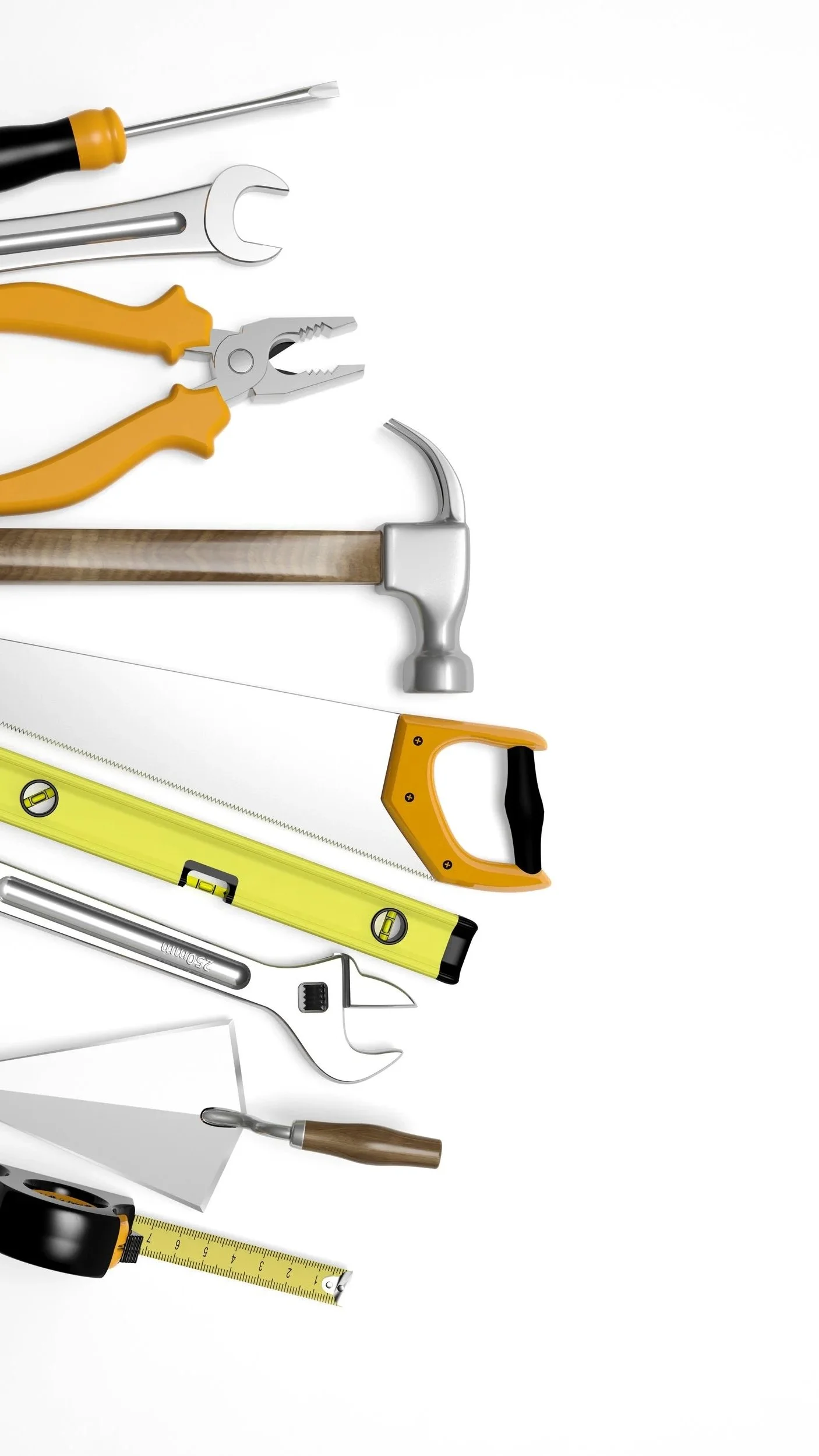 A collection of hand tools including screwdrivers, wrenches, pliers, a hammer, a saw, and a measuring tape arranged on a white background.