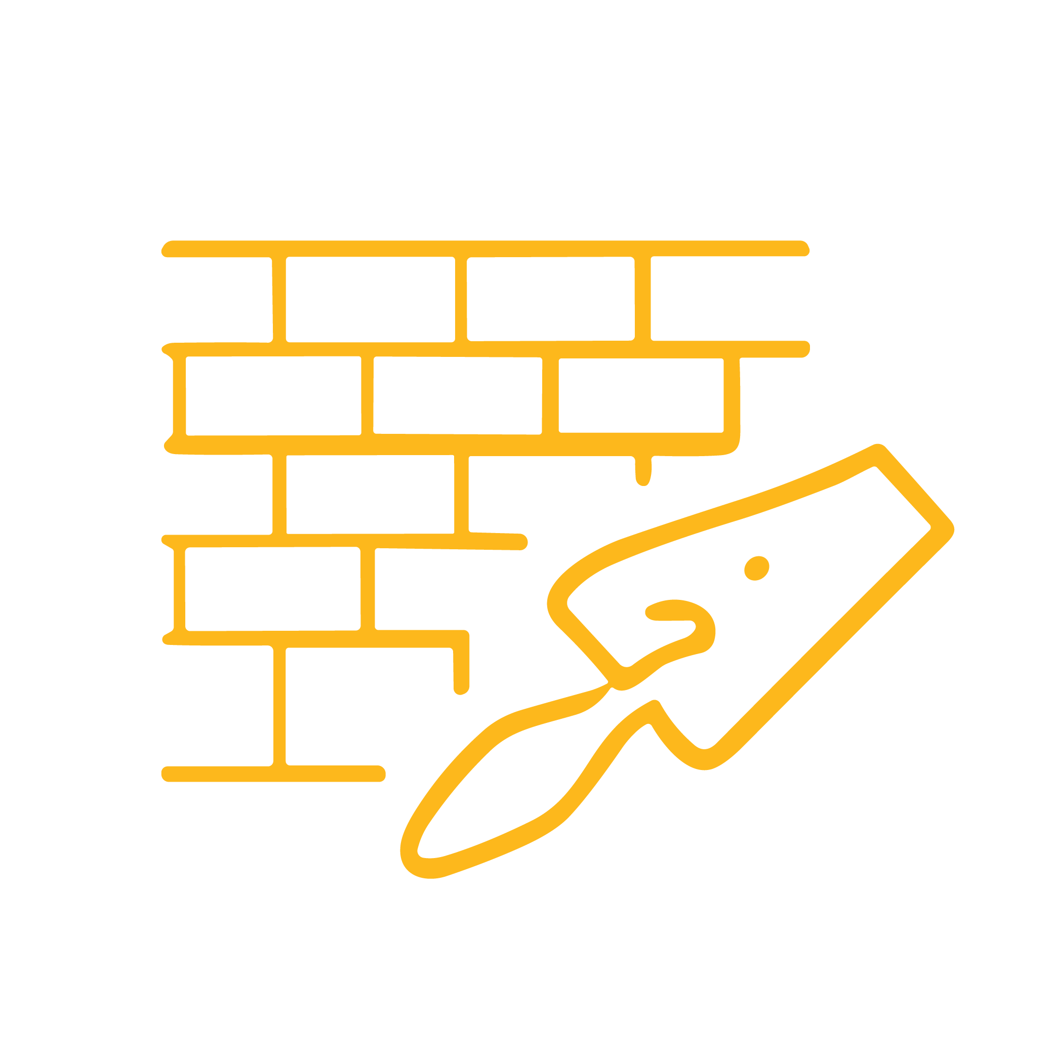 Outline drawing of a brick wall with a trowel and a line of mortar.