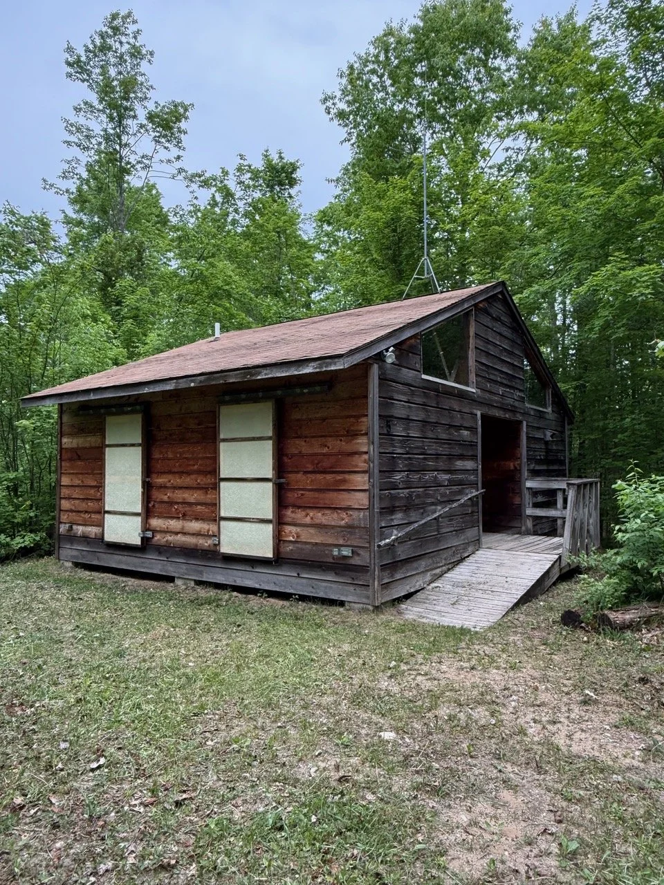A rustic wooden cabin with boarded-up windows in a wooded area with tall green trees surrounding it.