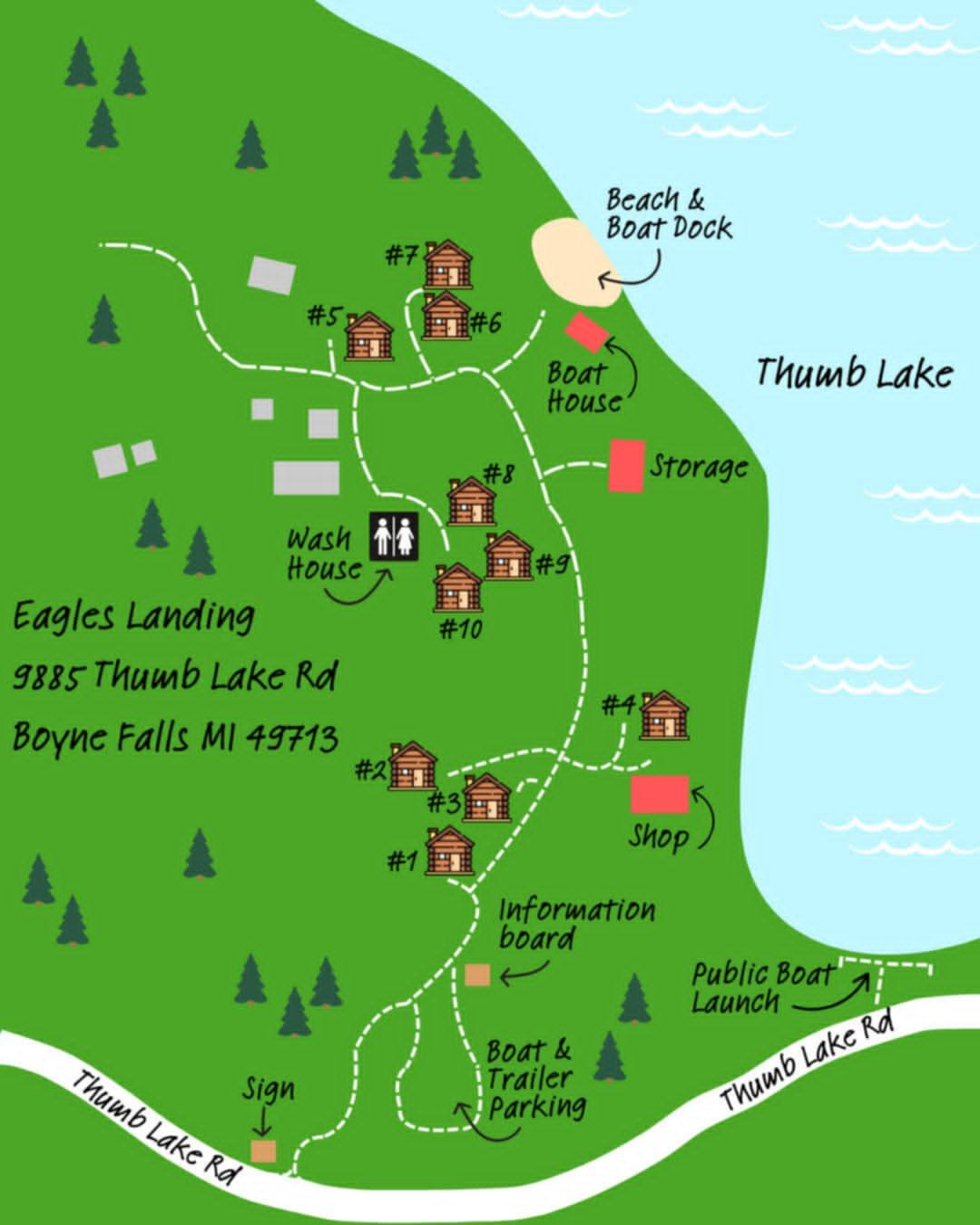 A map of the Eagles Landing Campground. This shows the roads, cabins, bathrooms, beach, lake, and more!