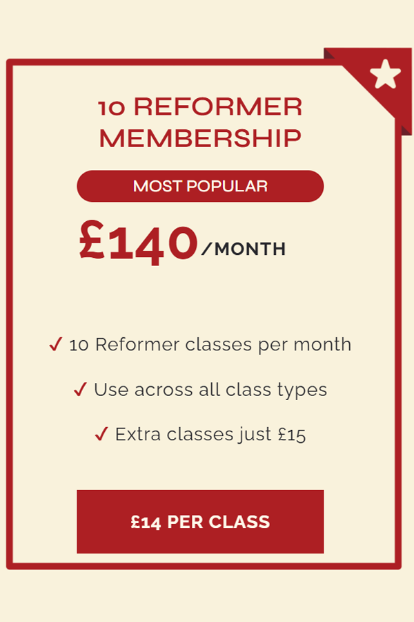 Advertisement for a reformer fitness class membership costing 140 pounds per month, with details about classes and pricing.