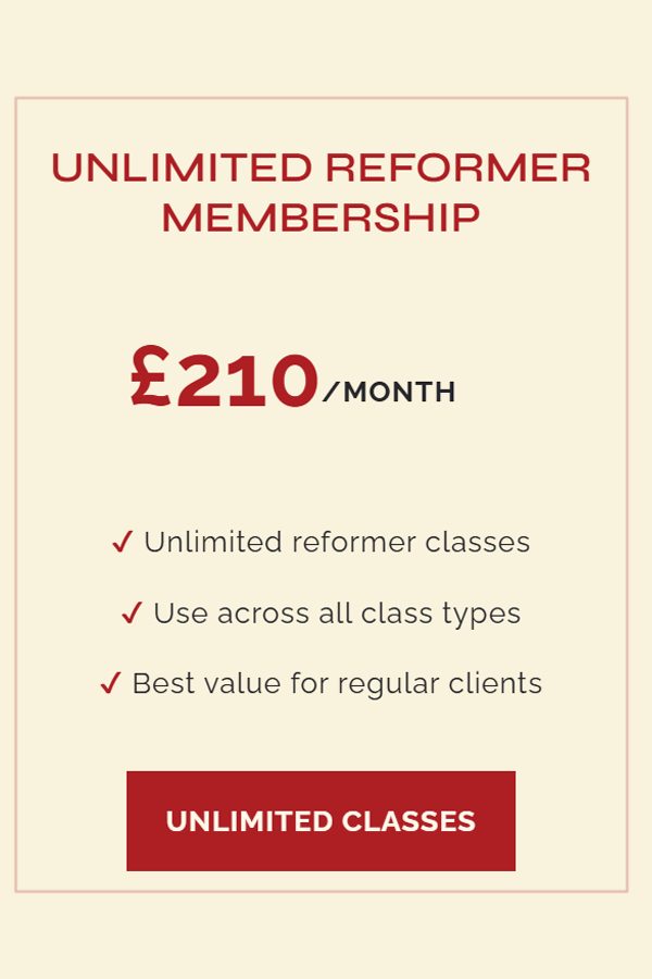 Advertisement for unlimited reformer membership at £210 per month, offering unlimited classes, applicable across all class types, best value for regular clients, with a bold red button labeled 'Unlimited Classes'.