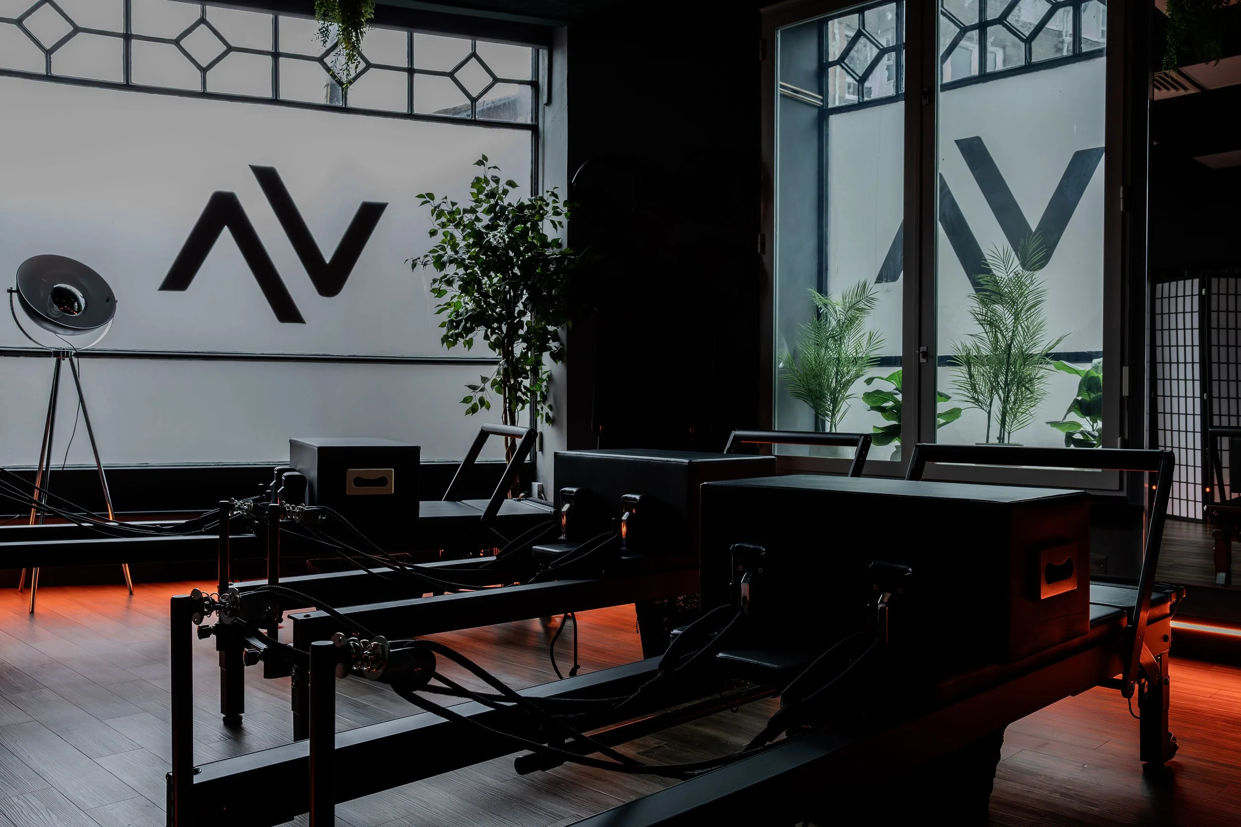 A fitness studio with Pilates reformer machines, large windows with geometric design, green plants, and a hardwood floor.