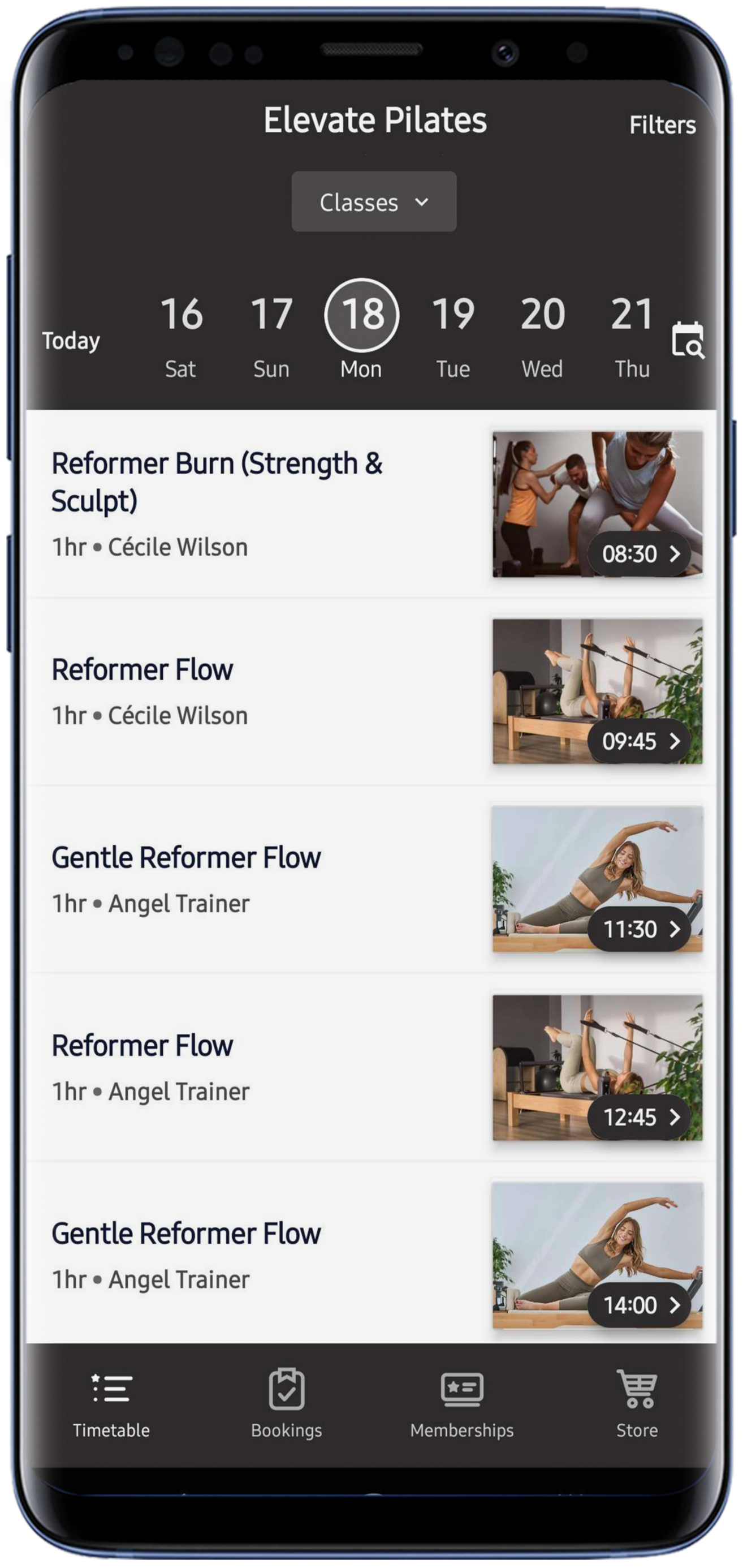 Mobile app screen displaying a schedule for 'Elevate Pilates' classes, with class names, instructors, durations, and thumbnails, currently showing classes for Monday, the 18th.