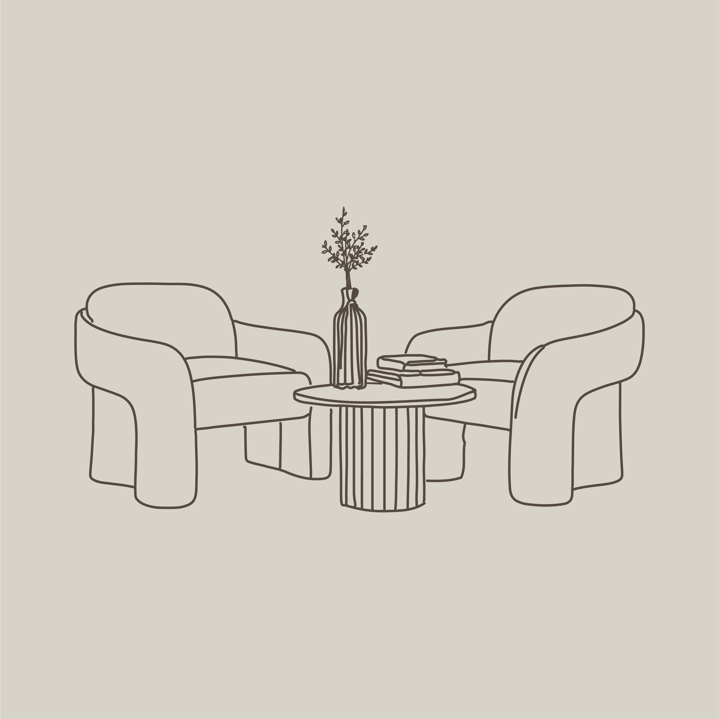 Modern living room with a beige sofa and chairs, a coffee table with decorative vases, a textured cream rug, and an open balcony with outdoor seating and greenery.