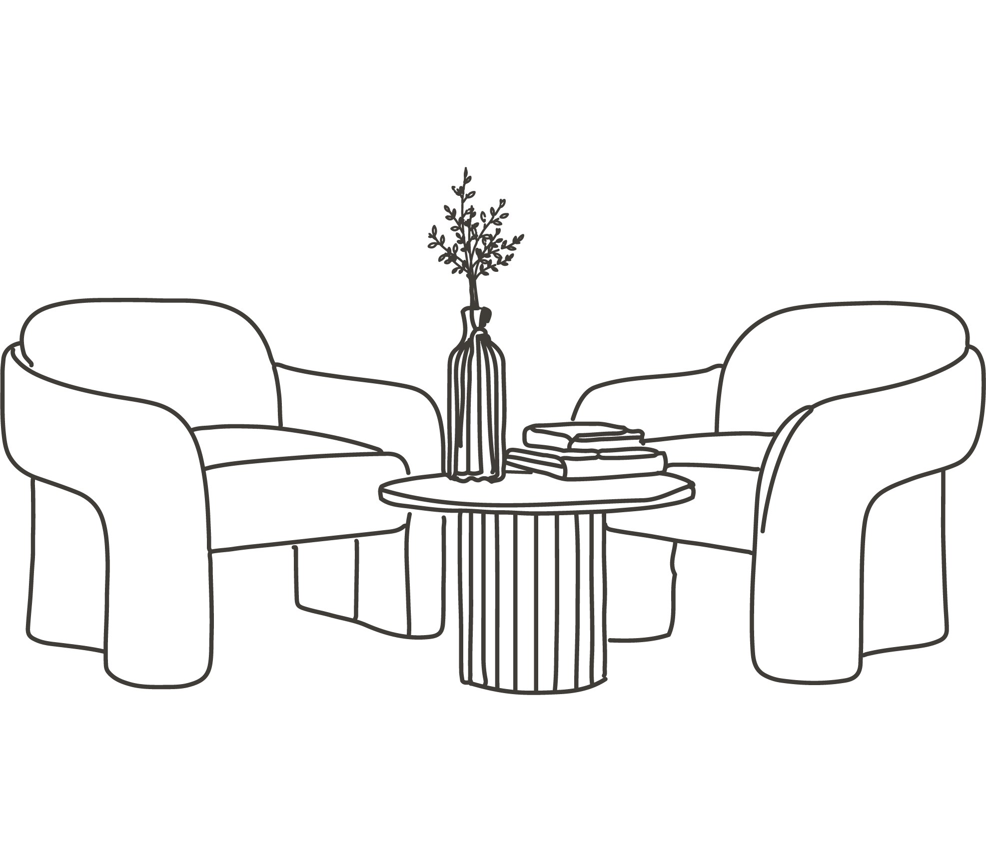 A wooden bench with three pillows and a decorative round object, placed underneath a modern staircase with wooden steps and glass railing, in a minimalist interior with a black and white line art portrait on the wall.