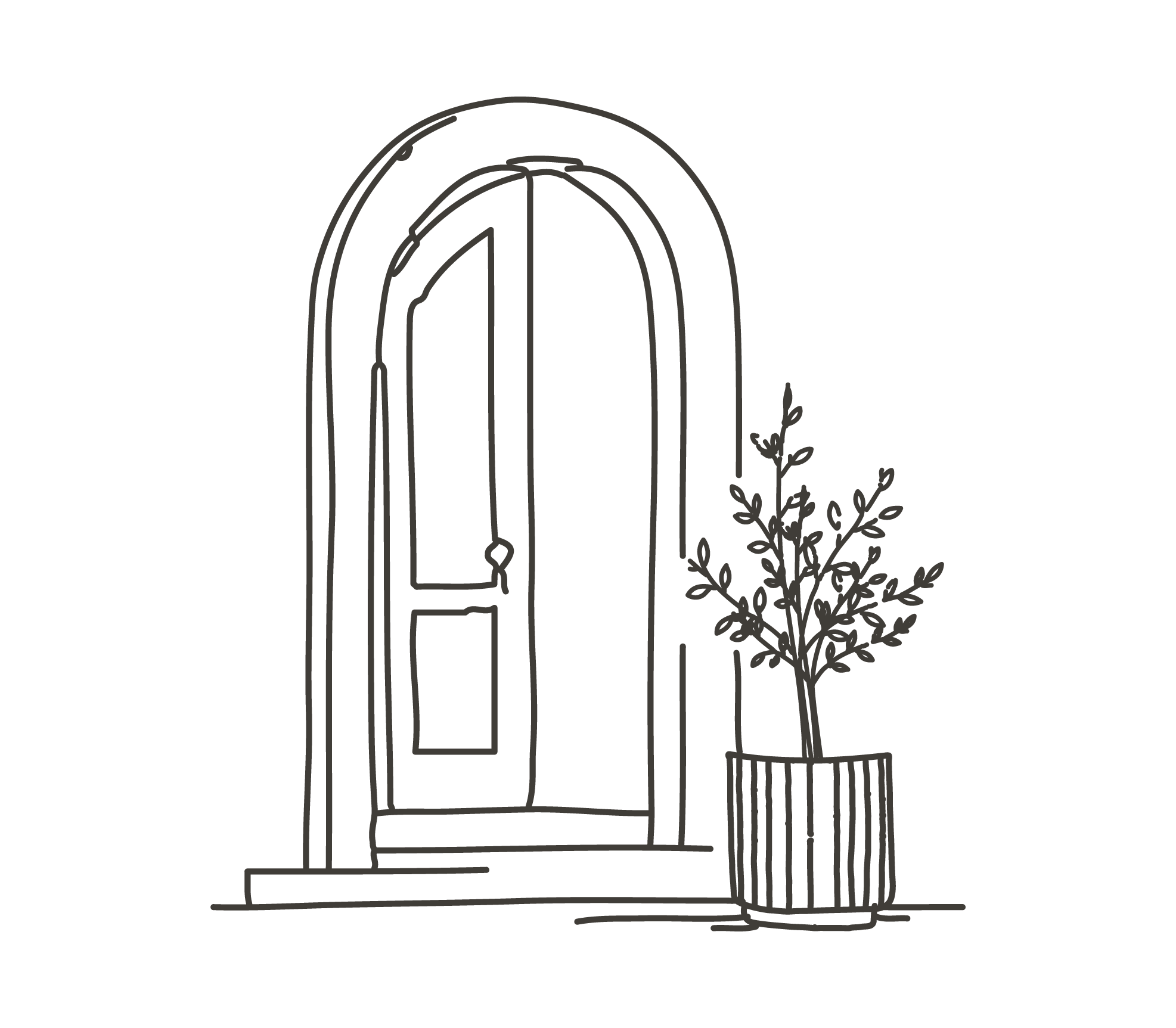 Outline drawing of a windowed door with a small plant to the right