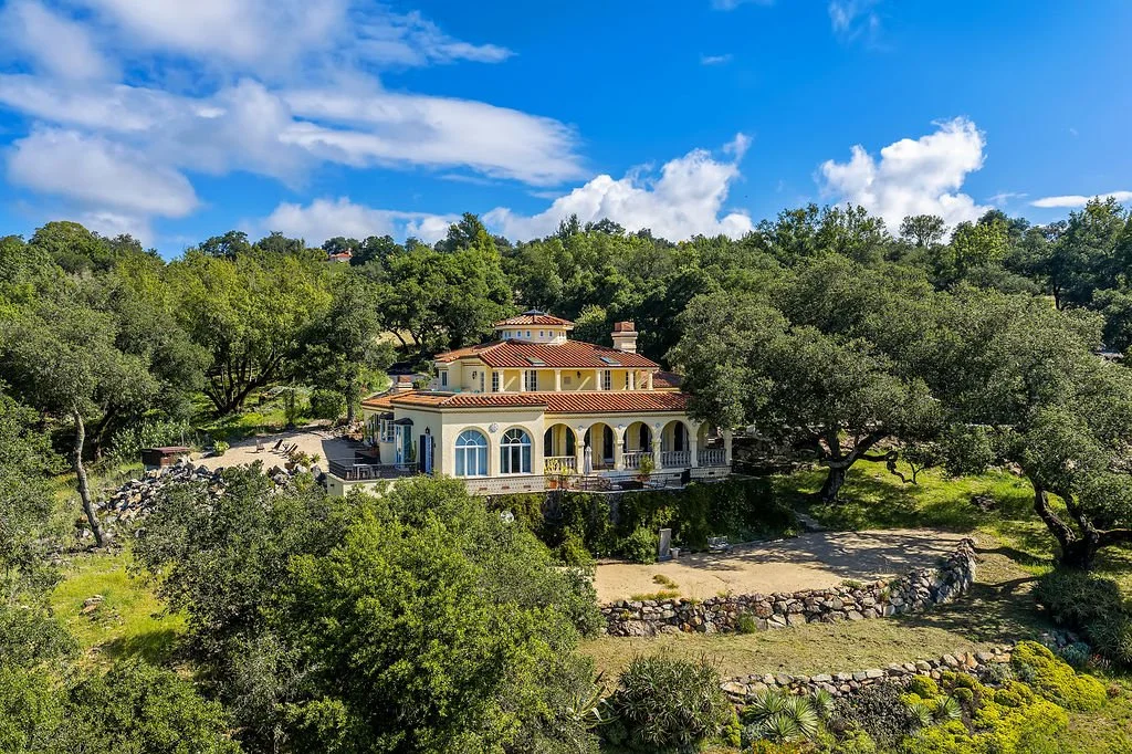A large, luxurious house with Mediterranean architecture, surrounded by lush greenery and trees, under a bright blue sky with scattered clouds.