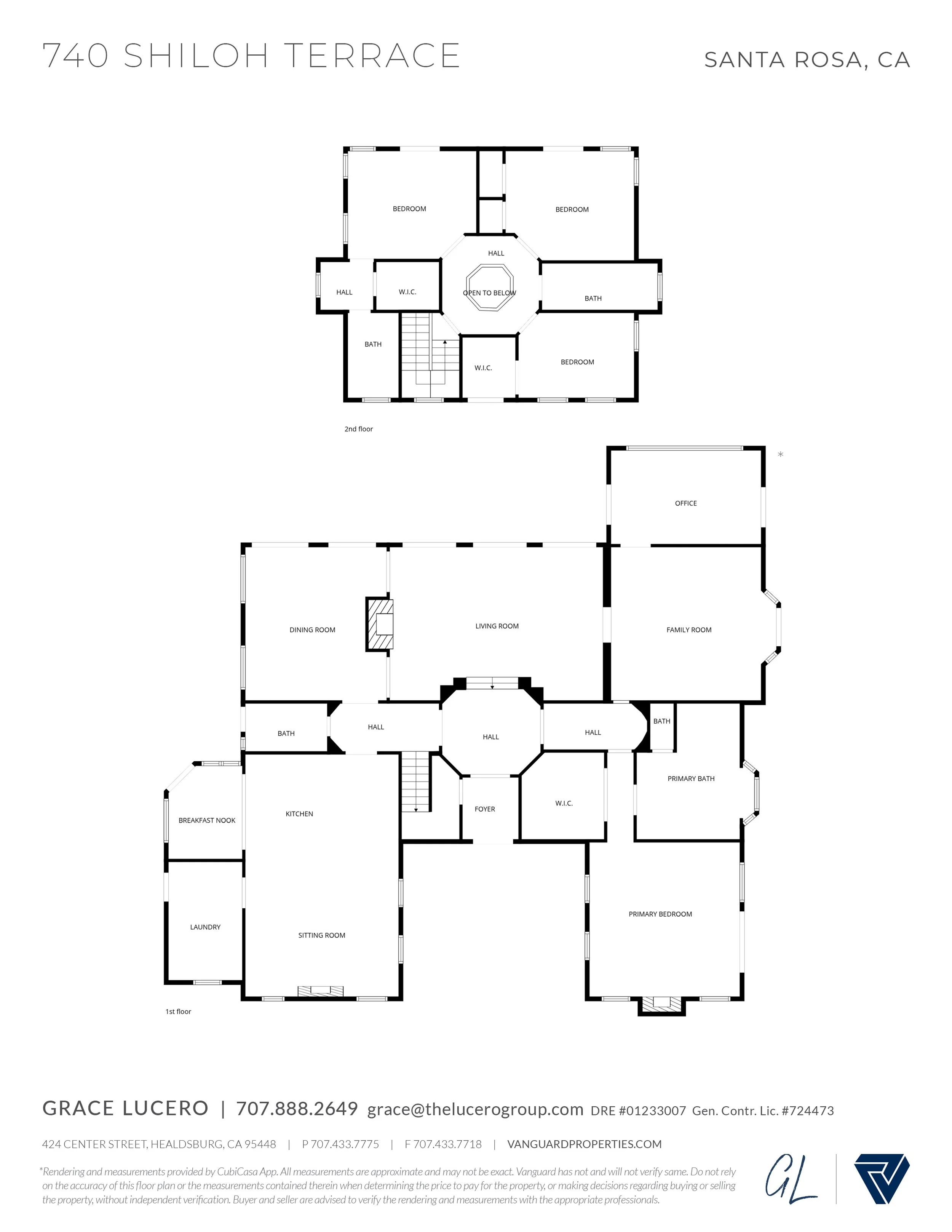 Floor plan of a two-story house with labeled rooms including bedrooms, bathrooms, kitchens, living rooms, family rooms, laundry, sitting room, and offices, with contact information and company branding at the bottom.