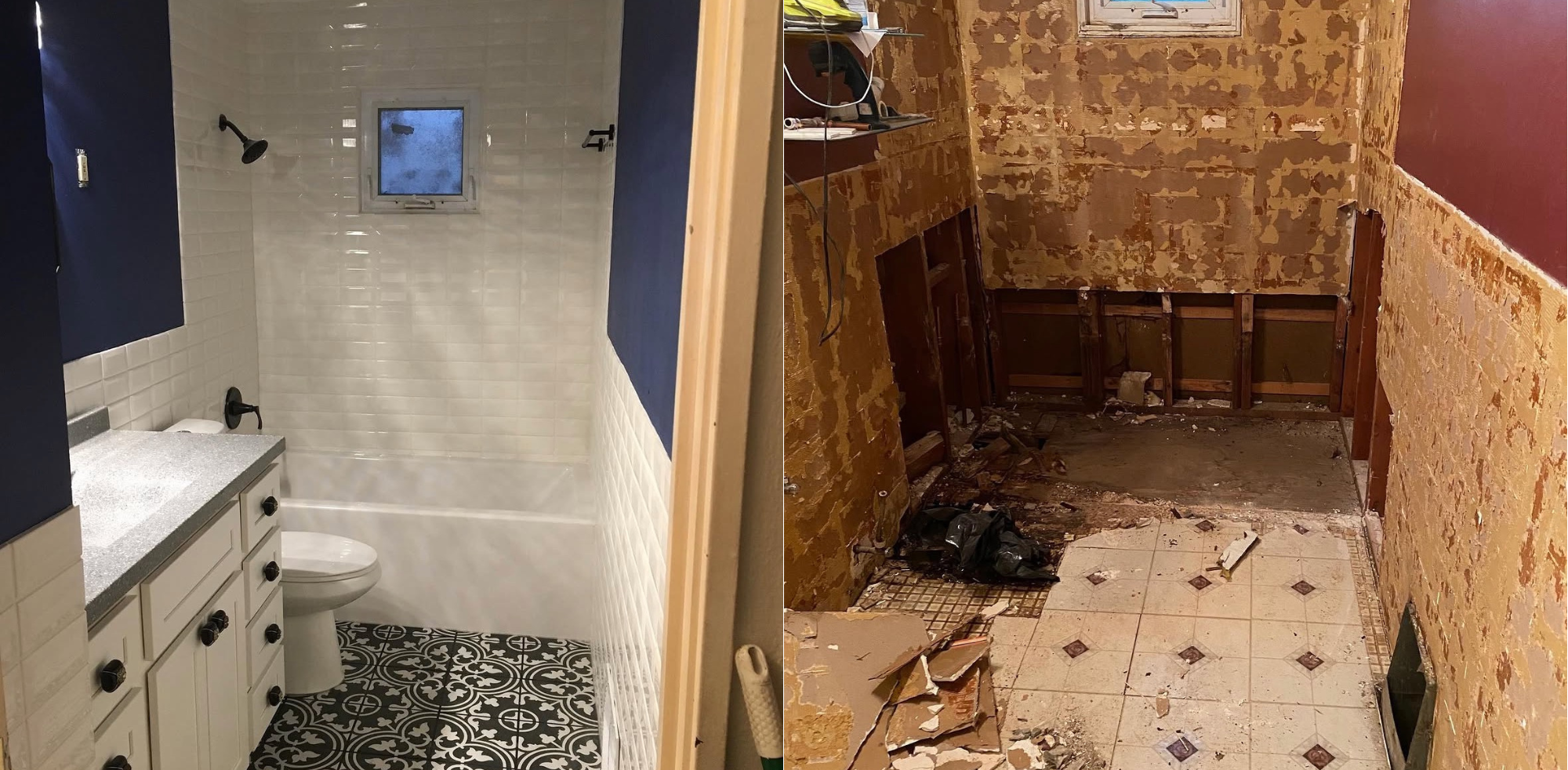 Side-by-side comparison of two bathroom interiors. The left side shows a clean, modern bathroom with white tile walls, a small window, a shower head, a toilet, a sink with a countertop, and patterned black-and-white floor tiles. The right side shows a dilapidated, under-construction or abandoned bathroom with peeling paint, exposed wall studs, debris on the floor, and worn-out tiles.