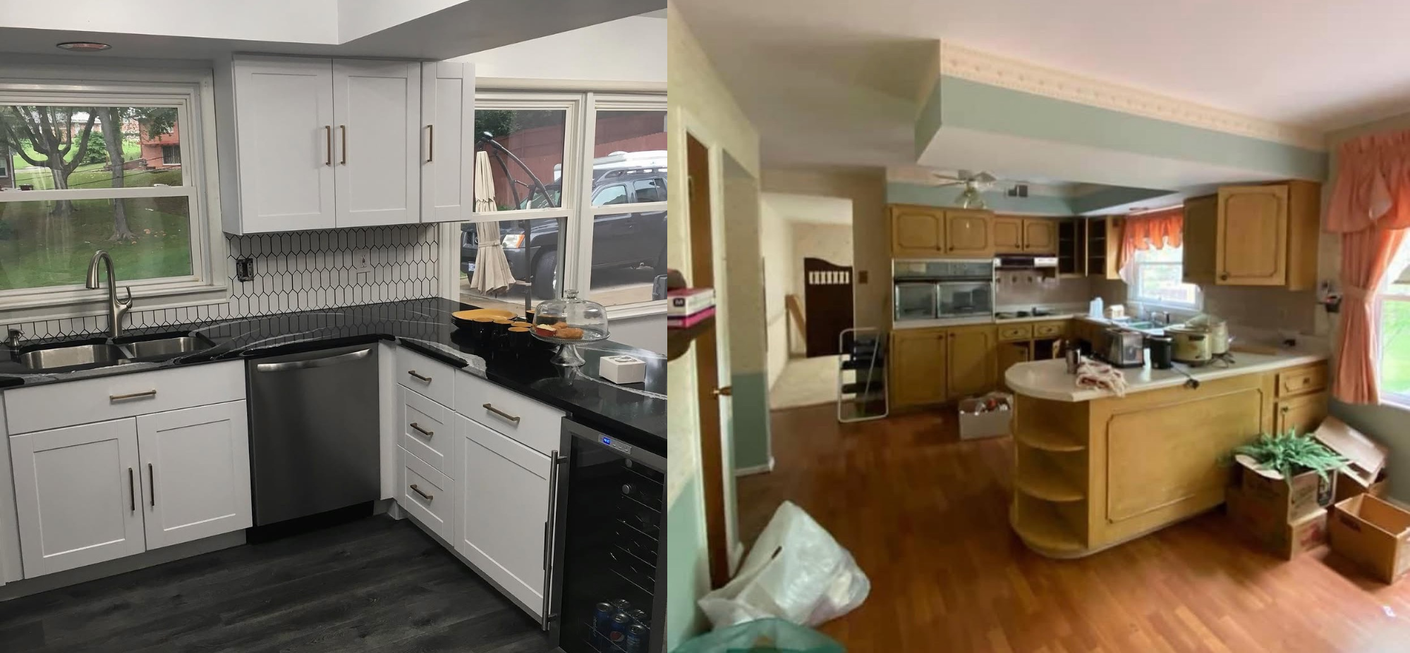 Comparison of two kitchen images: The left kitchen has modern white cabinets, black countertops, hexagon tile backsplash, stainless steel appliances, and large windows showing a yard with trees. The right kitchen features vintage wooden cabinets, a yellowish hue, a mix of appliances, and pink curtains, with a more cluttered and older appearance.