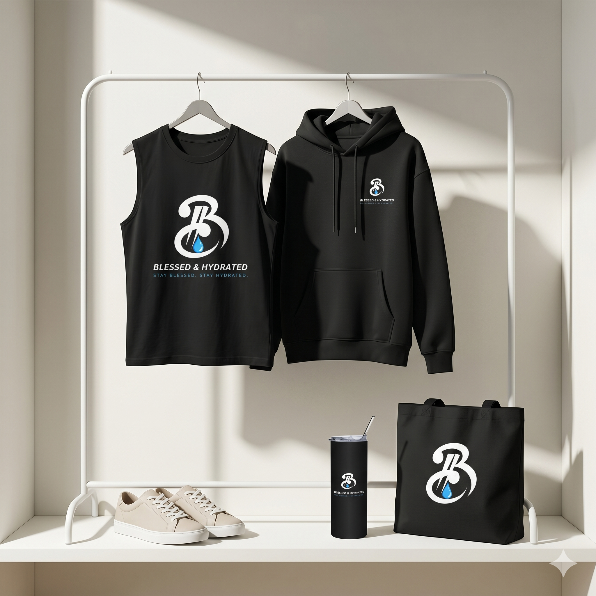 A white shelf with white shoes, a black tank top with a logo, a black hoodie with a logo, a black tote bag, and a black travel mug.