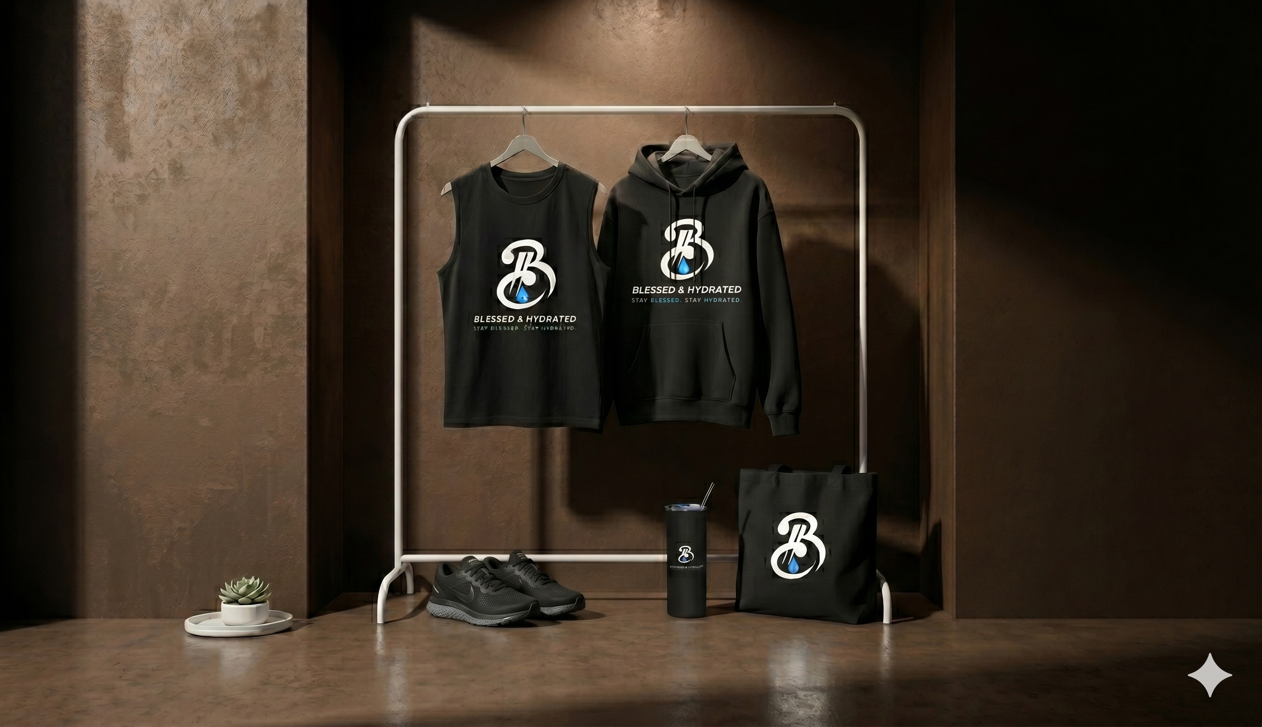 Clothing display with a black tank top and hoodie, both featuring a white and blue logo and the text 'Blessed & Hydrated.' Also includes a pair of black athletic shoes, a black shopping bag, a reusable cup, and a potted succulent plant, all arranged on and around a white clothing rack against a brown textured wall.