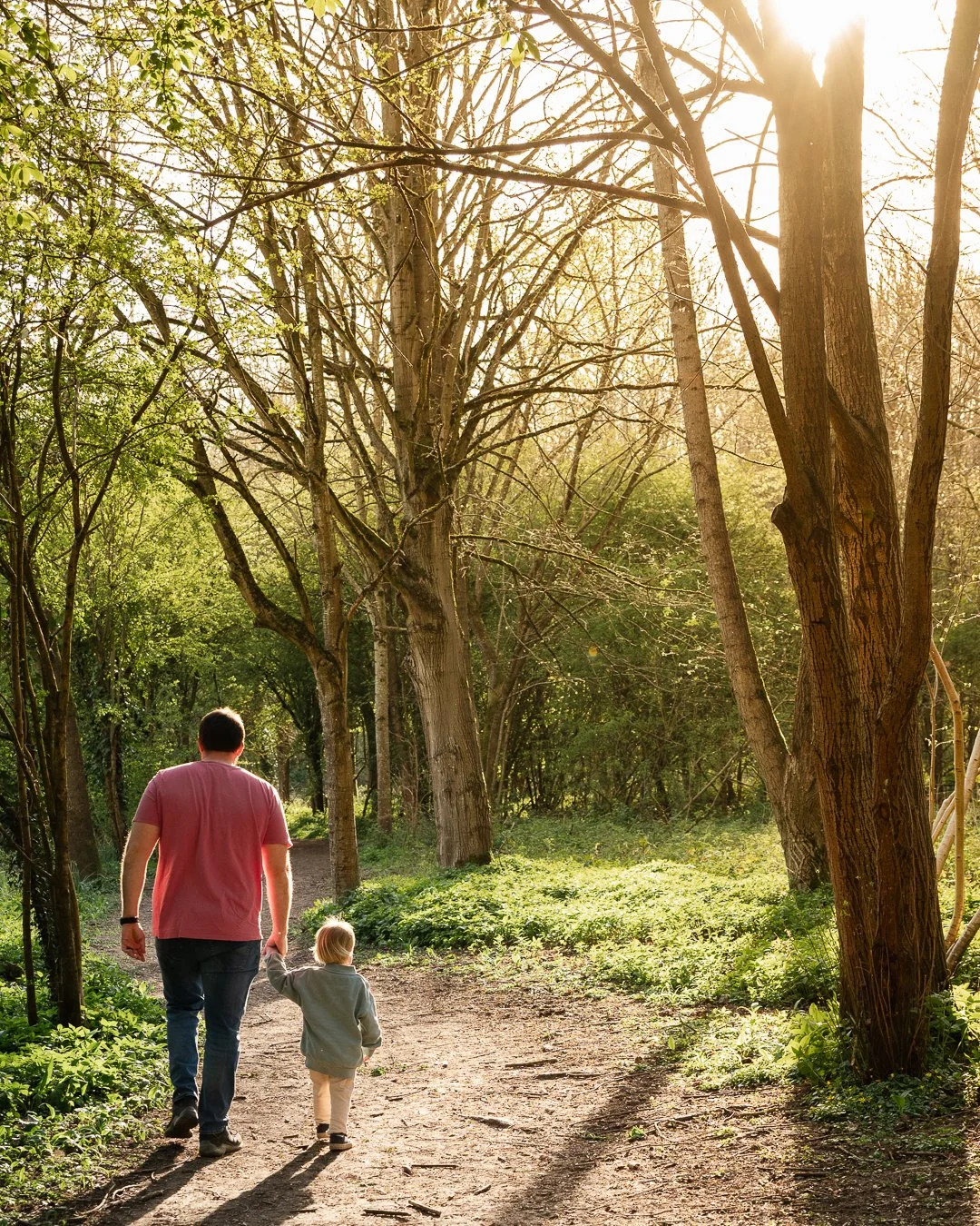 dad and toddler walking in forest during family outdoor photoshoot in worcestershire