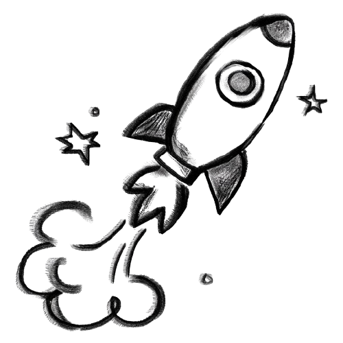 A cartoon drawing of a rocket launching with smoke and stars, in black and white.