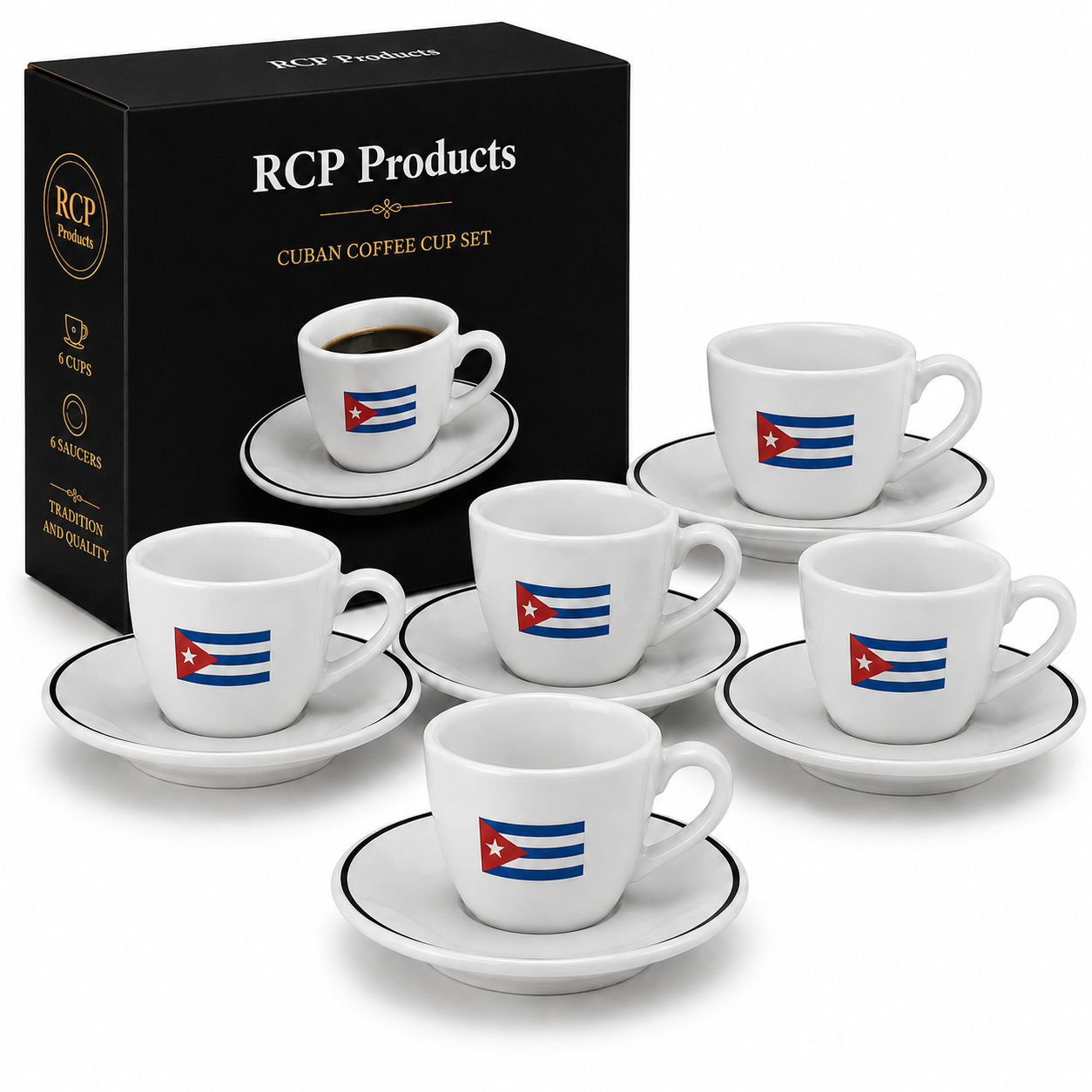 Juego de Tazas de Café Cubano con Plato – Set de 6 Piezas con Diseño de Bandera de Cuba