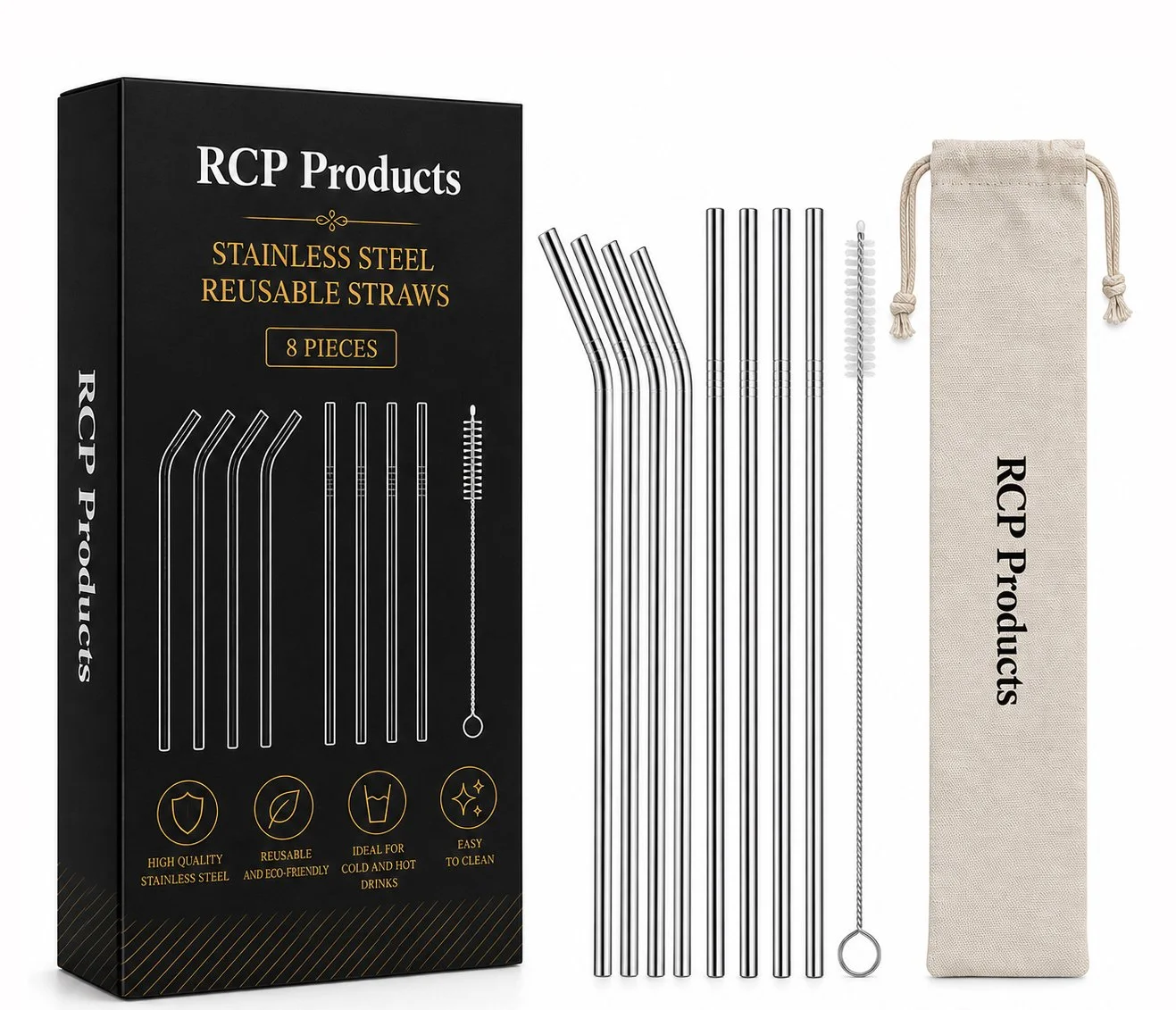 Pajitas de Acero Inoxidable Reutilizables – Set con Cepillo de Limpieza y Estuche