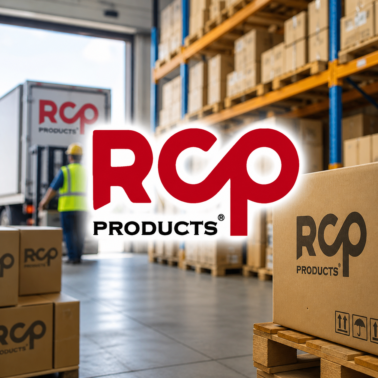 Fábricas de productos con el logo RCP en cajas y estanterías en un almacén de distribución.
