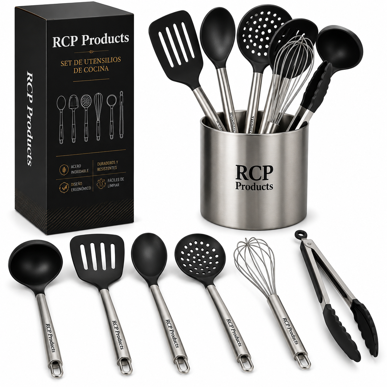 Set de Utensilios de Cocina – Kit Completo de Acero Inoxidable y Silicona Resistente al Calor