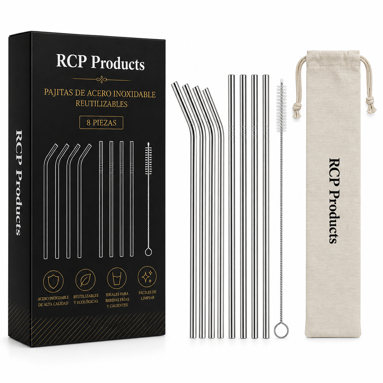 Pajitas de Acero Inoxidable Reutilizables – Set con Cepillo de Limpieza y Estuche