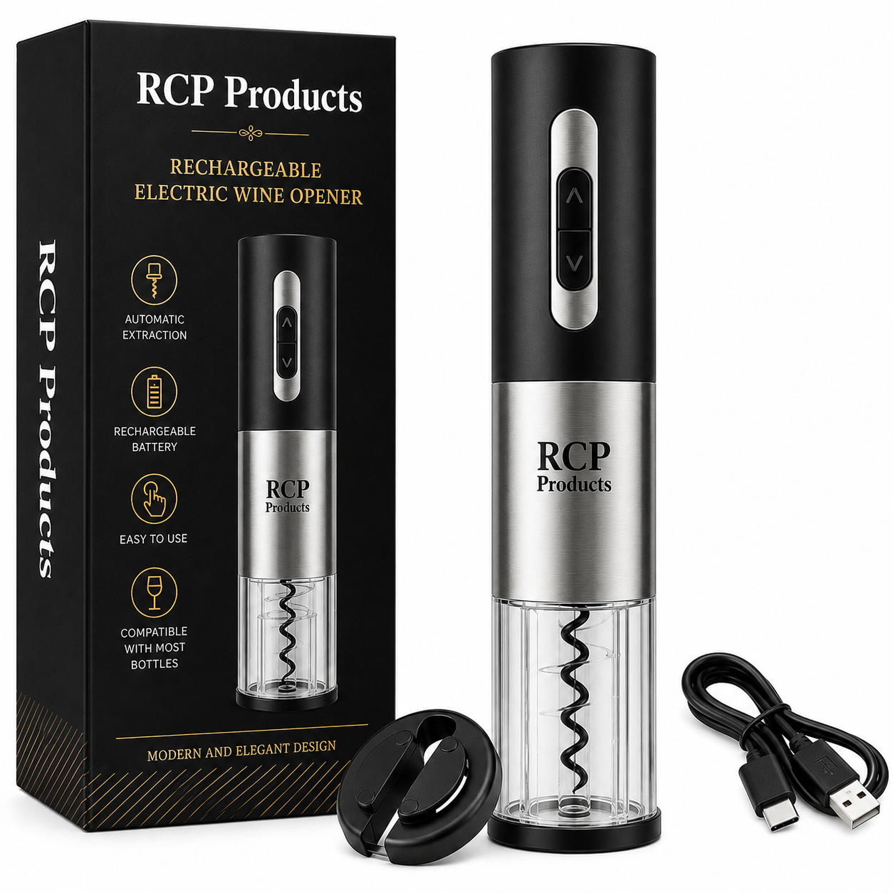 Sacacorchos Eléctrico Recargable – Abrebotellas Automático con Base y Cable USB