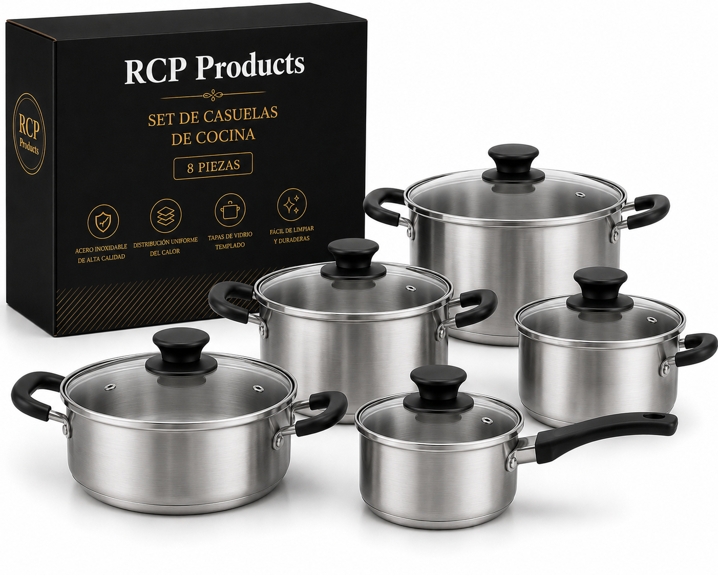 Set de Cazuelas de Acero Inoxidable – Ollas con Tapas de Vidrio