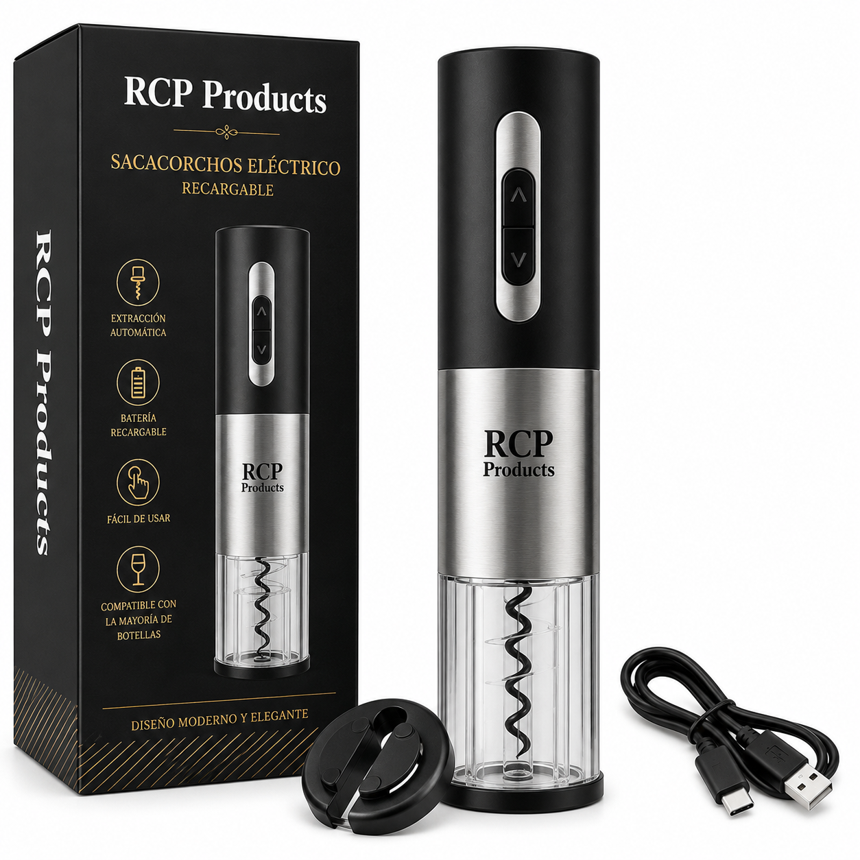 Sacacorchos Eléctrico Recargable – Abrebotellas Automático con Base y Cable USB
