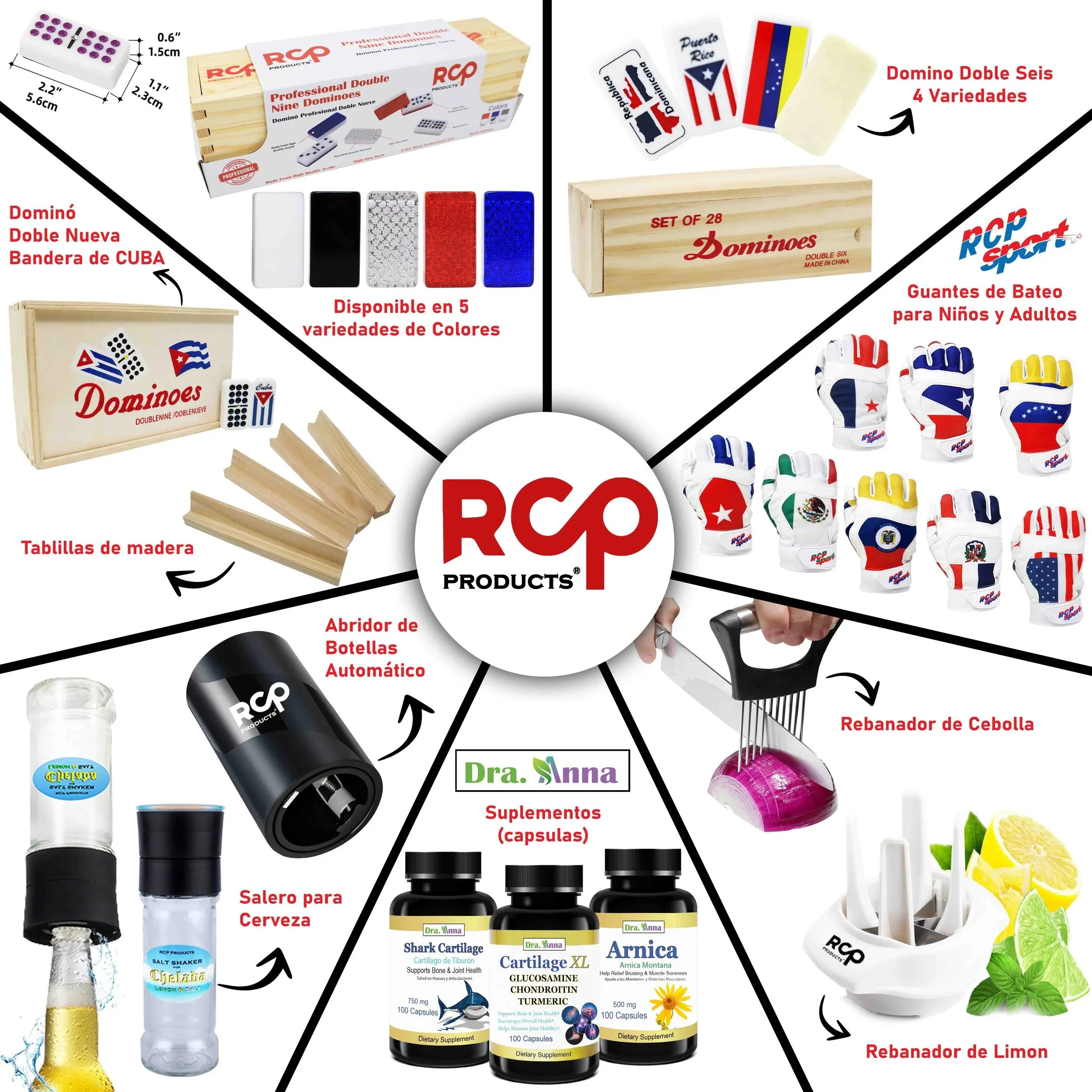 Imagen informativa de diferentes productos de ocio y salud, incluyendo dominós, guantes de bátel para niños y adultos, rebanador de cebolla, suplementos en cápsulas, salero para cerveza, y accesorios relacionados con la salud articular y soporte corporal.