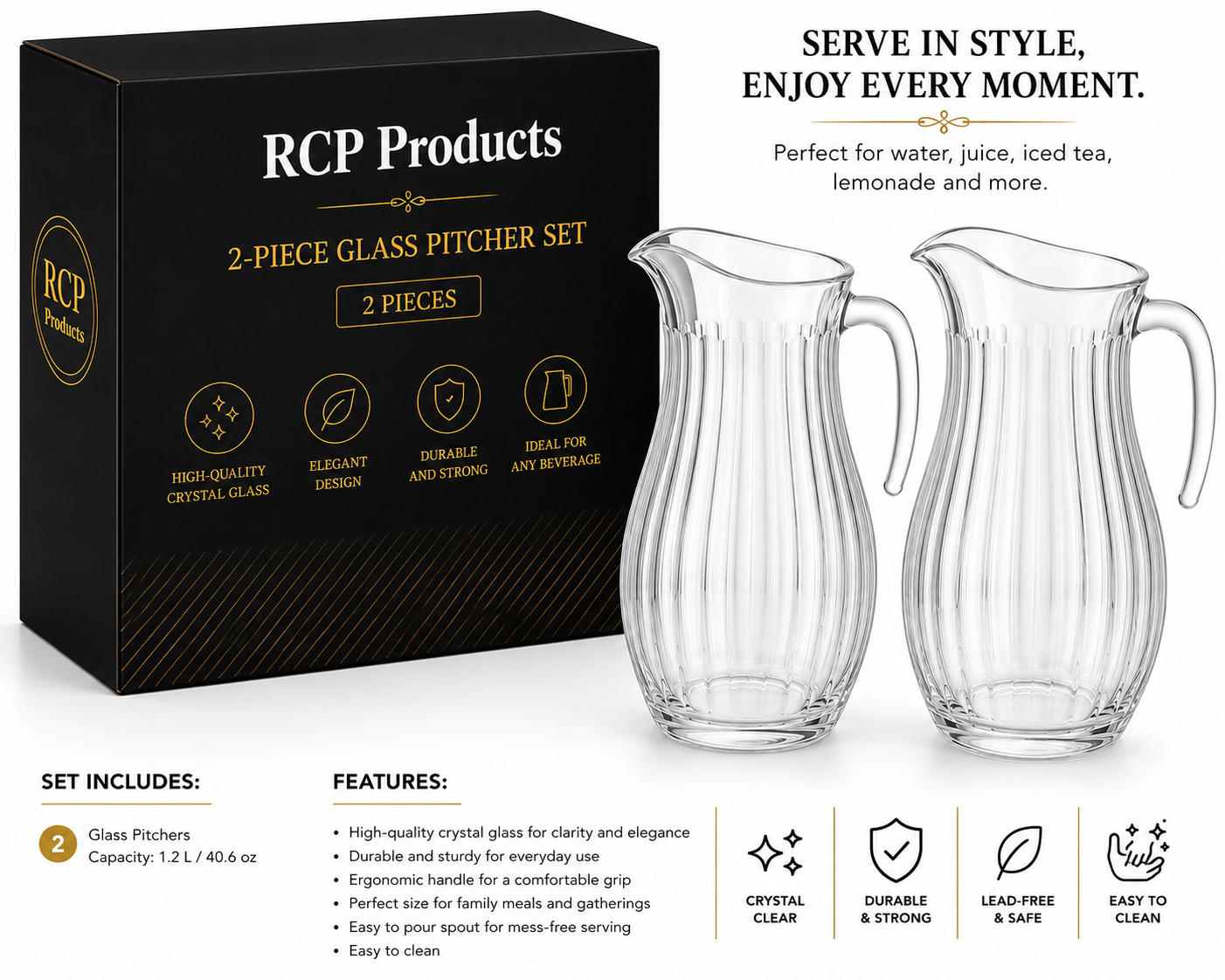 Set de Jarras de Cristal – 2 Piezas para Agua, Jugos y Bebidas