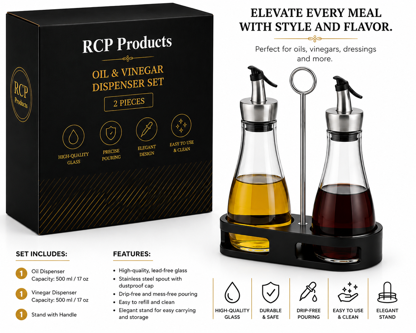 Set de Aceite y Vinagre – Dispensadores de Vidrio con Base Moderna