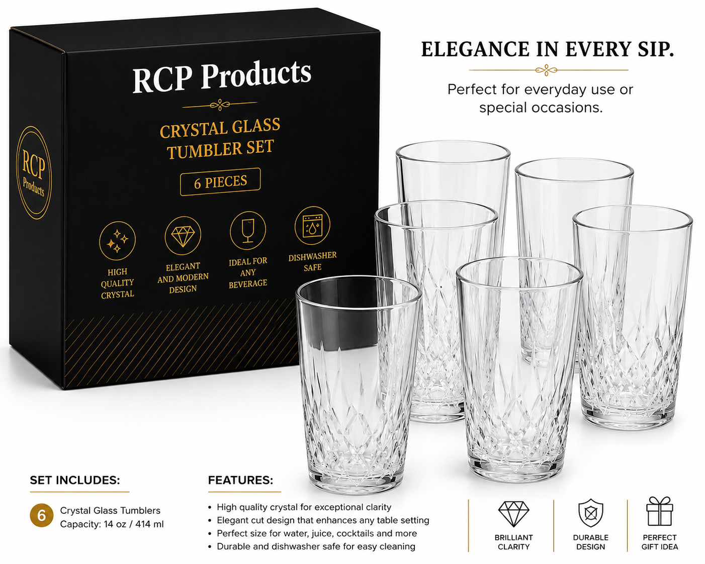 Set de Vasos de Cristal Premium – 6 Piezas Elegantes para Bebidas