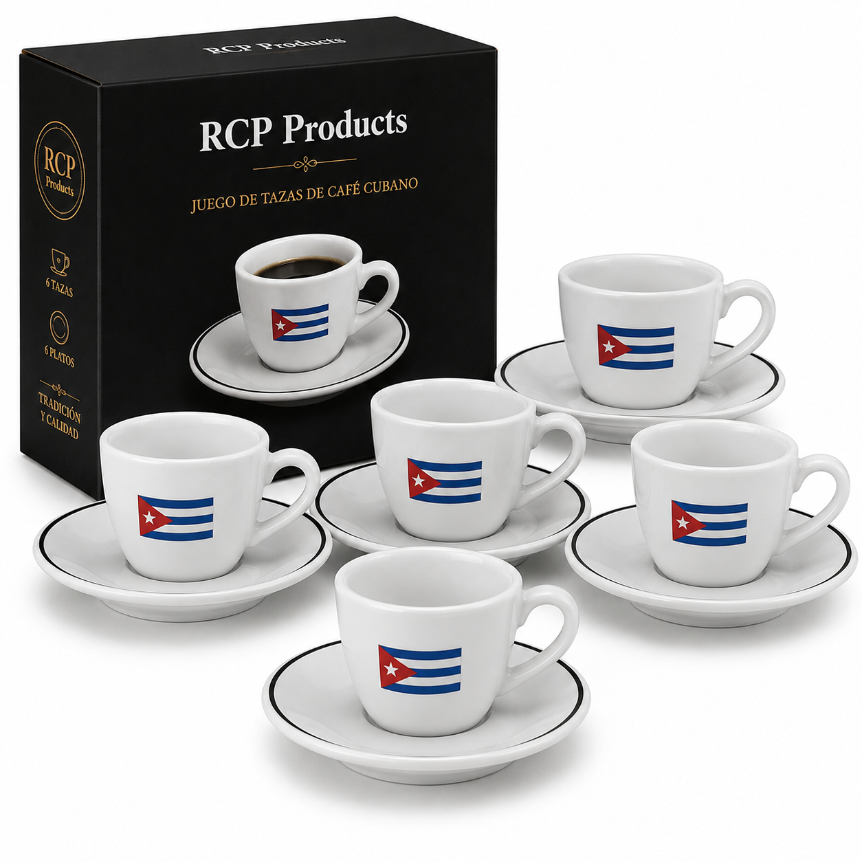 Juego de Tazas de Café Cubano con Plato – Set de 6 Piezas con Diseño de Bandera de Cuba