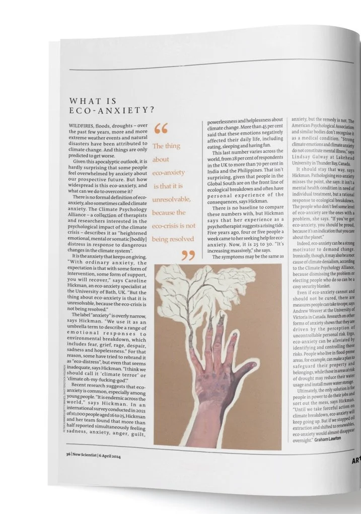 Speculative editorial illustration for the new scientist article “what is eco anxiety”
Painted with gouache and configured digitally.