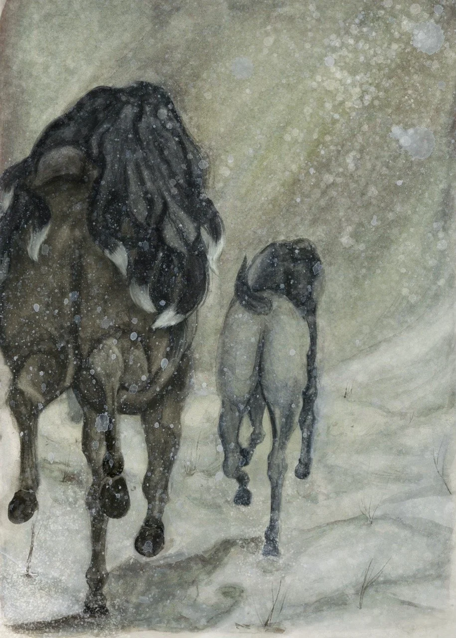 An interpretation of the "Snow child" by Angela Carter in the format of a graphic novel. Painted with watercolour and configured digitally.