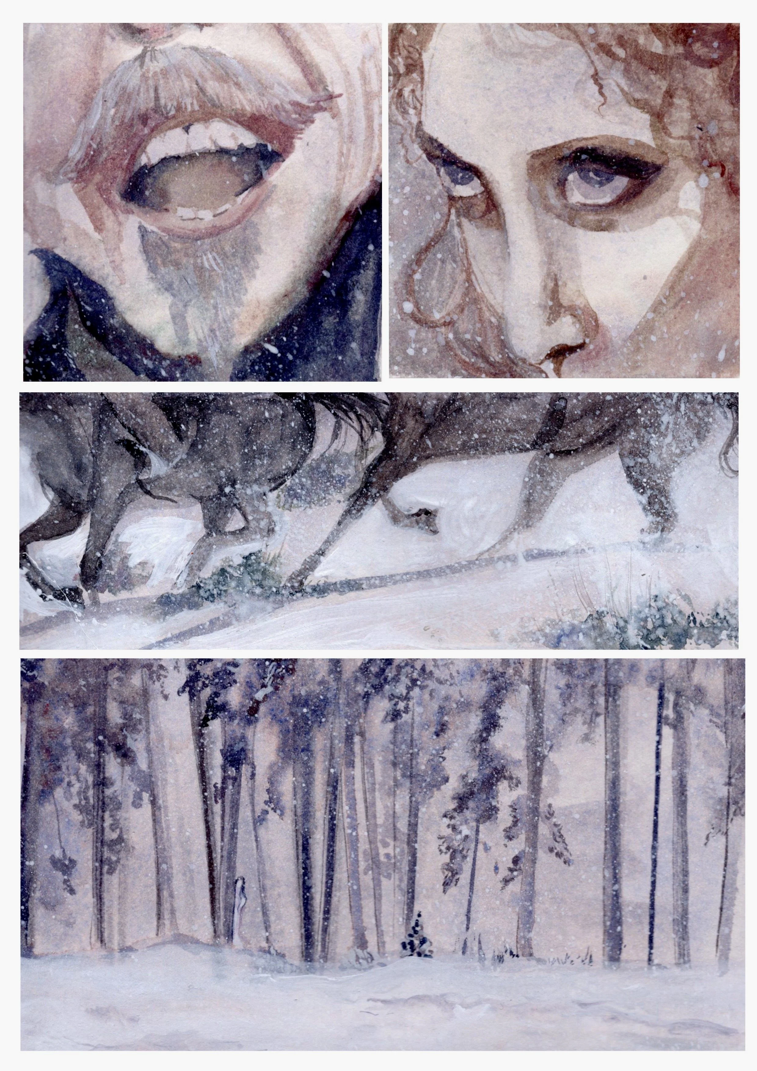 An interpretation of the "Snow child" by Angela Carter in the format of a graphic novel. Painted with watercolour and configured digitally.