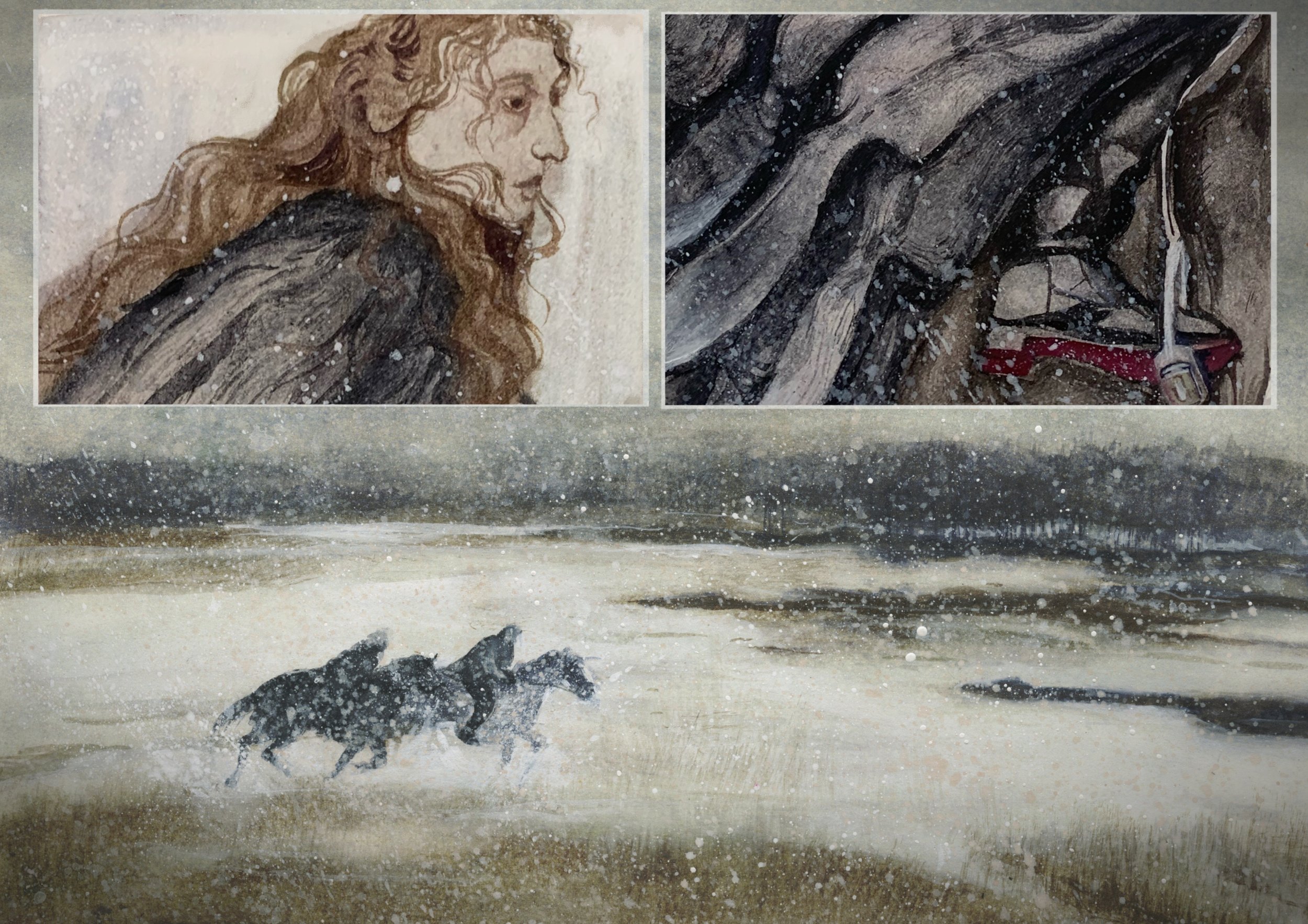 An interpretation of the "Snow child" by Angela Carter in the format of a graphic novel. Painted with watercolour and configured digitally.