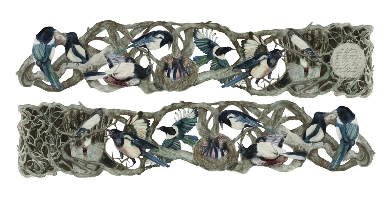 An illustrated Leporello Based on an older version of the magpie rhyme: “One for sorrow, two for mirth, three for a funeral, four for a birth, five for heaven, six for hell, severn for the devil himself.
Painted with granulating watercolour and confi