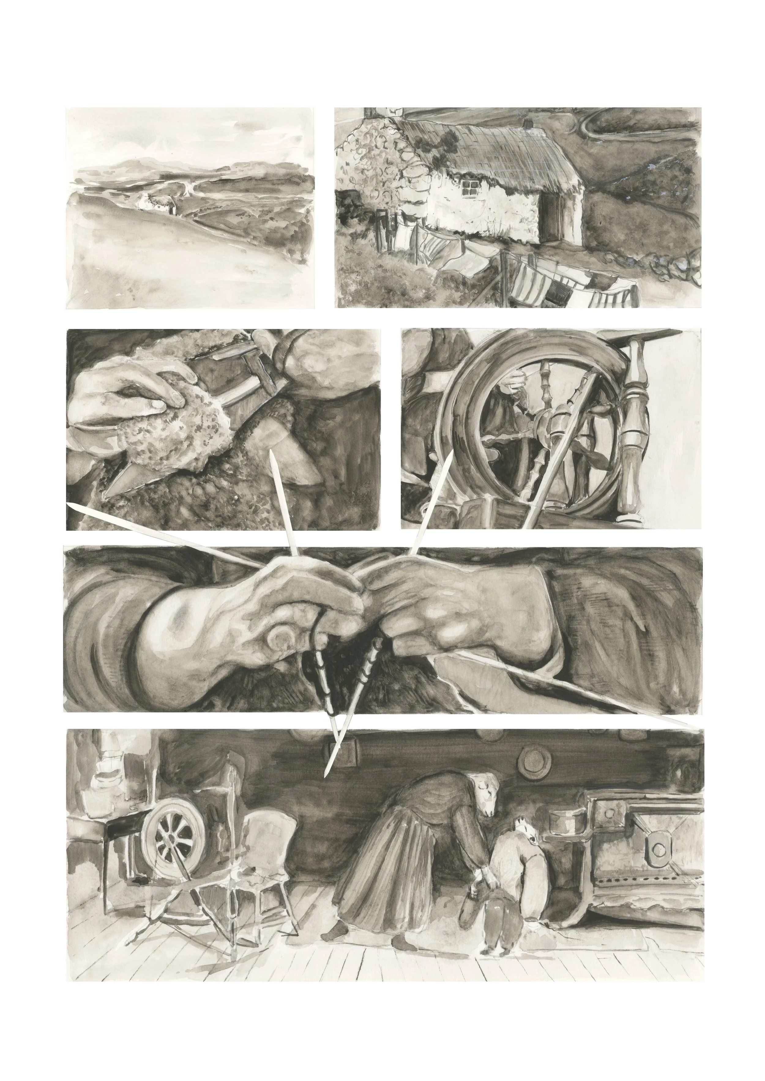 A single page comic painted with liquid charcoal
