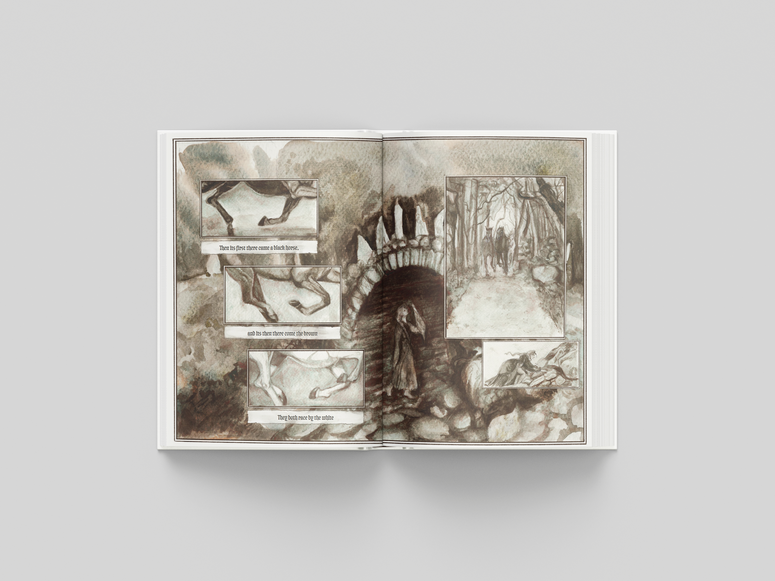 A graphic novel adaption of the folk song “Tamyln” painted with granulating watercolour and configured digitally.