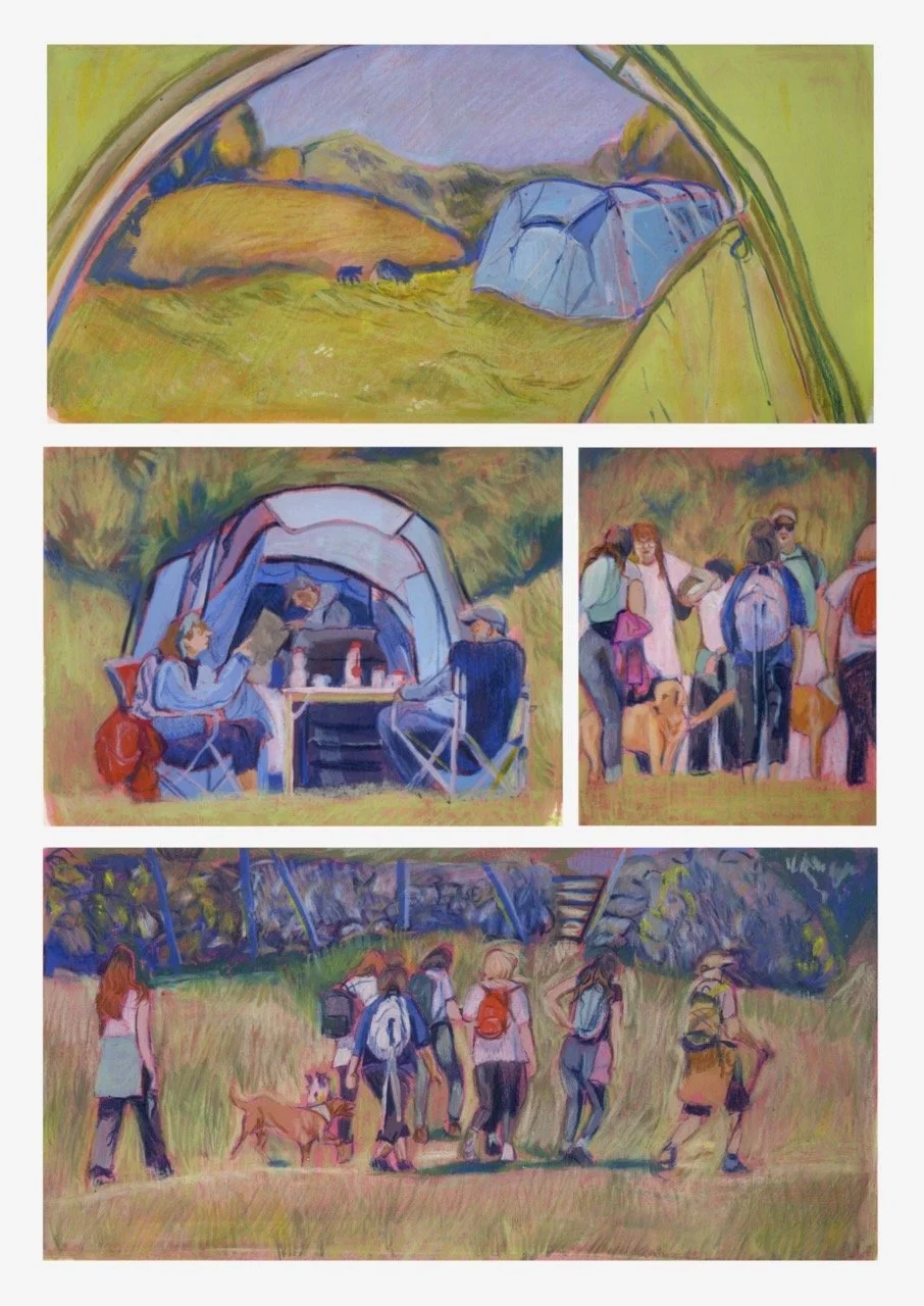 Based on memories of a yearly camping trip in the Lake District "In These Hills" uses bright colour and hazy texture to simulate the feeling of childhood nostalgia, created using a combination of watercolour, gouache, pastel and coloured pencil.