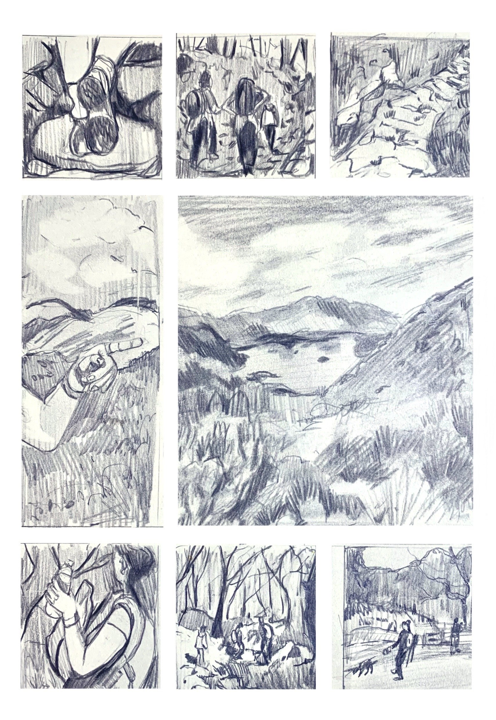 Based on memories of a yearly camping trip in the Lake District "In These Hills" uses bright colour and hazy texture to simulate the feeling of childhood nostalgia, created using a combination of watercolour, gouache, pastel and coloured pencil.