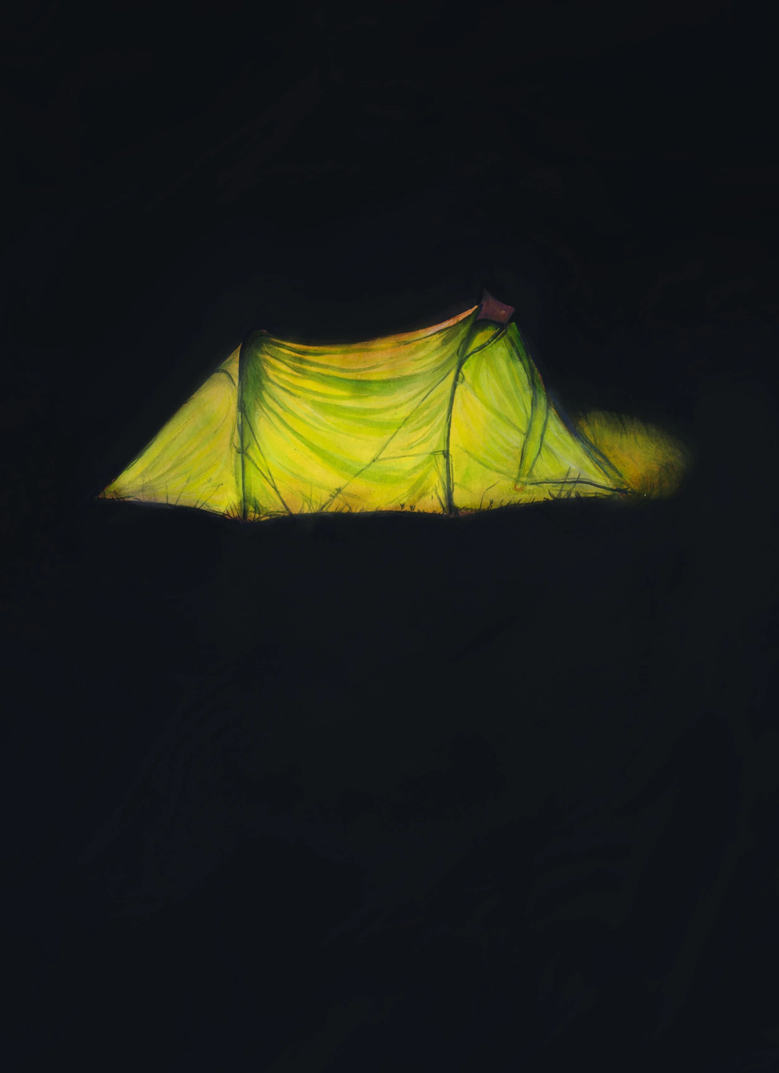 Based on memories of a yearly camping trip in the Lake District "In These Hills" uses bright colour and hazy texture to simulate the feeling of childhood nostalgia, created using a combination of watercolour, gouache, pastel and coloured pencil.