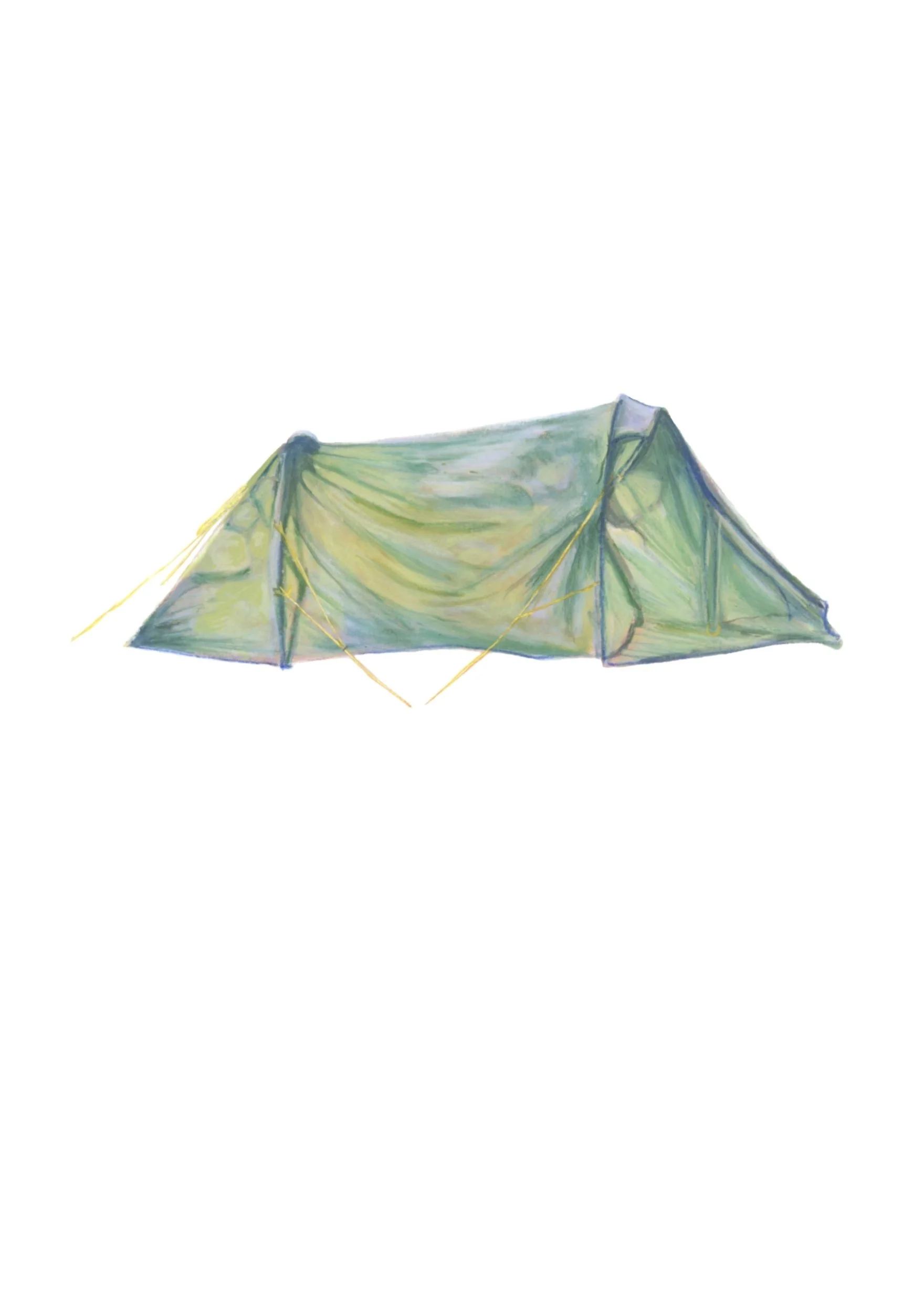 Based on memories of a yearly camping trip in the Lake District "In These Hills" uses bright colour and hazy texture to simulate the feeling of childhood nostalgia, created using a combination of watercolour, gouache, pastel and coloured pencil.
