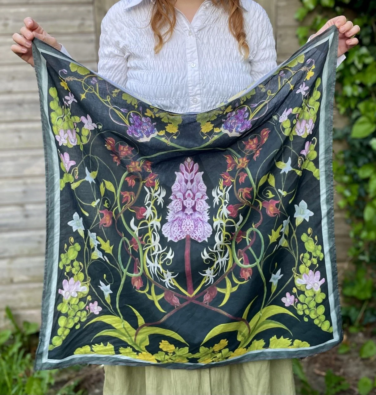 Peak District wildflower design printed onto a cotton scarf with additional boarder created digitally.