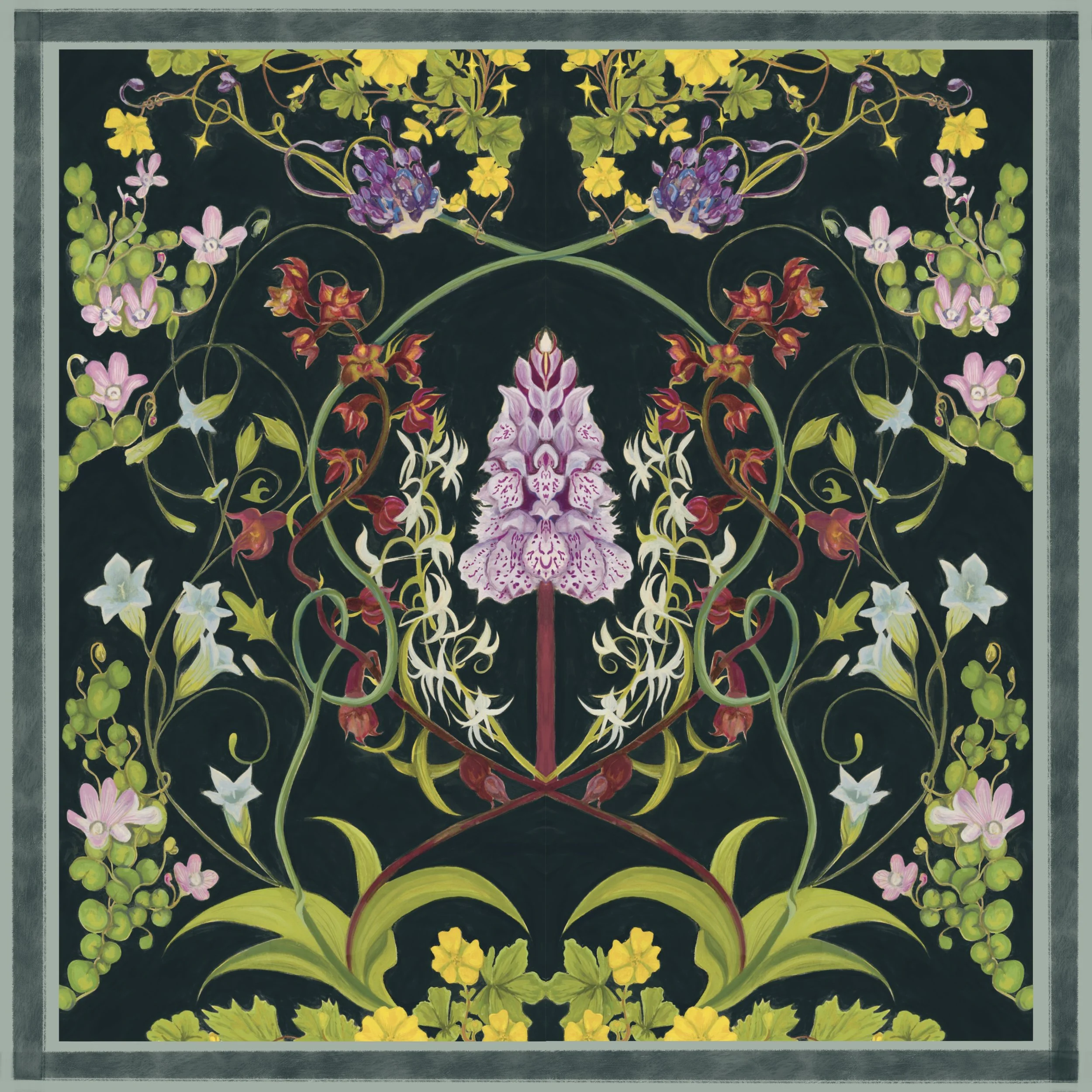 Peak District wildflower design printed onto a cotton scarf with additional boarder created digitally.